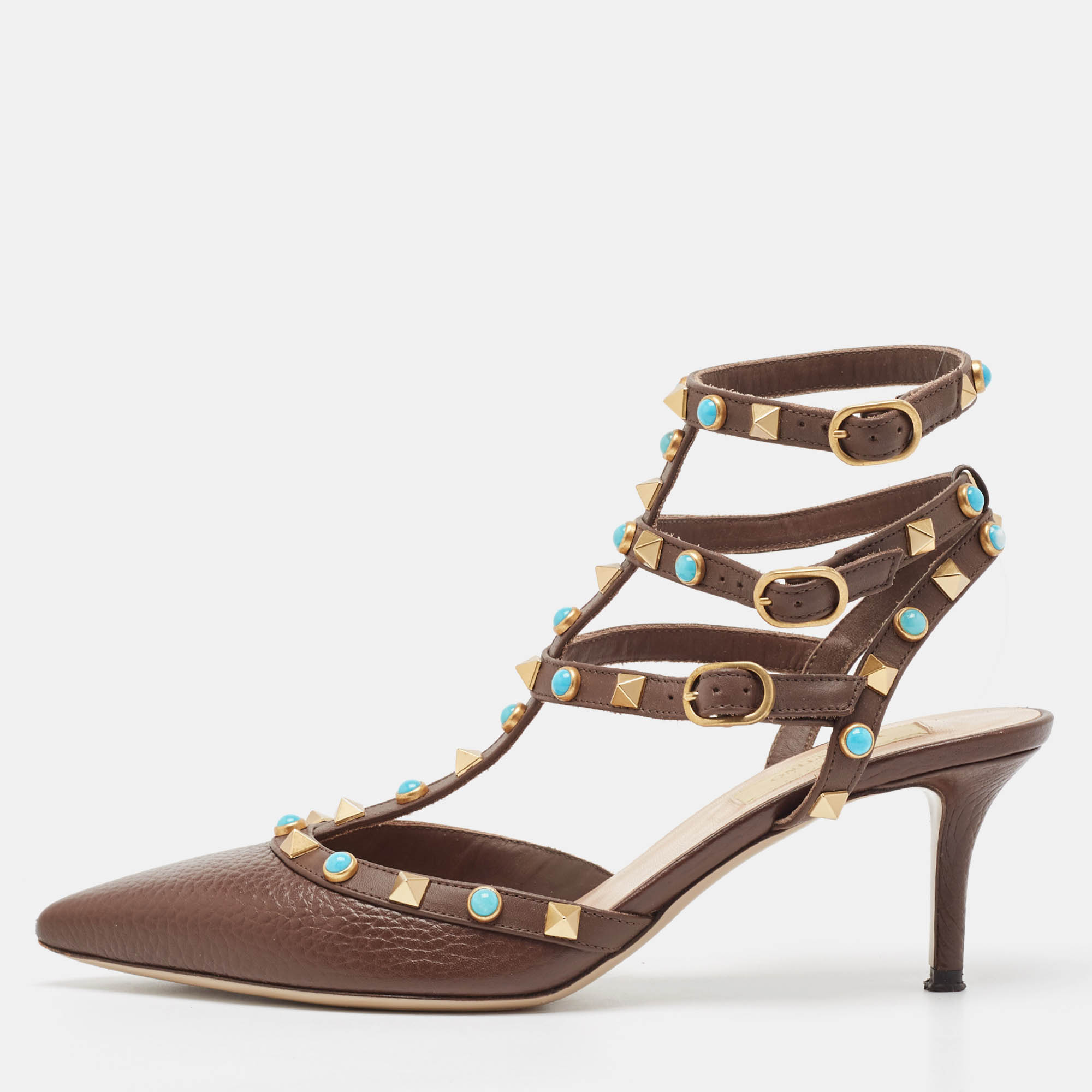 Pre Owned Valentino Brown Leather Rockstud Pumps Size 37.5