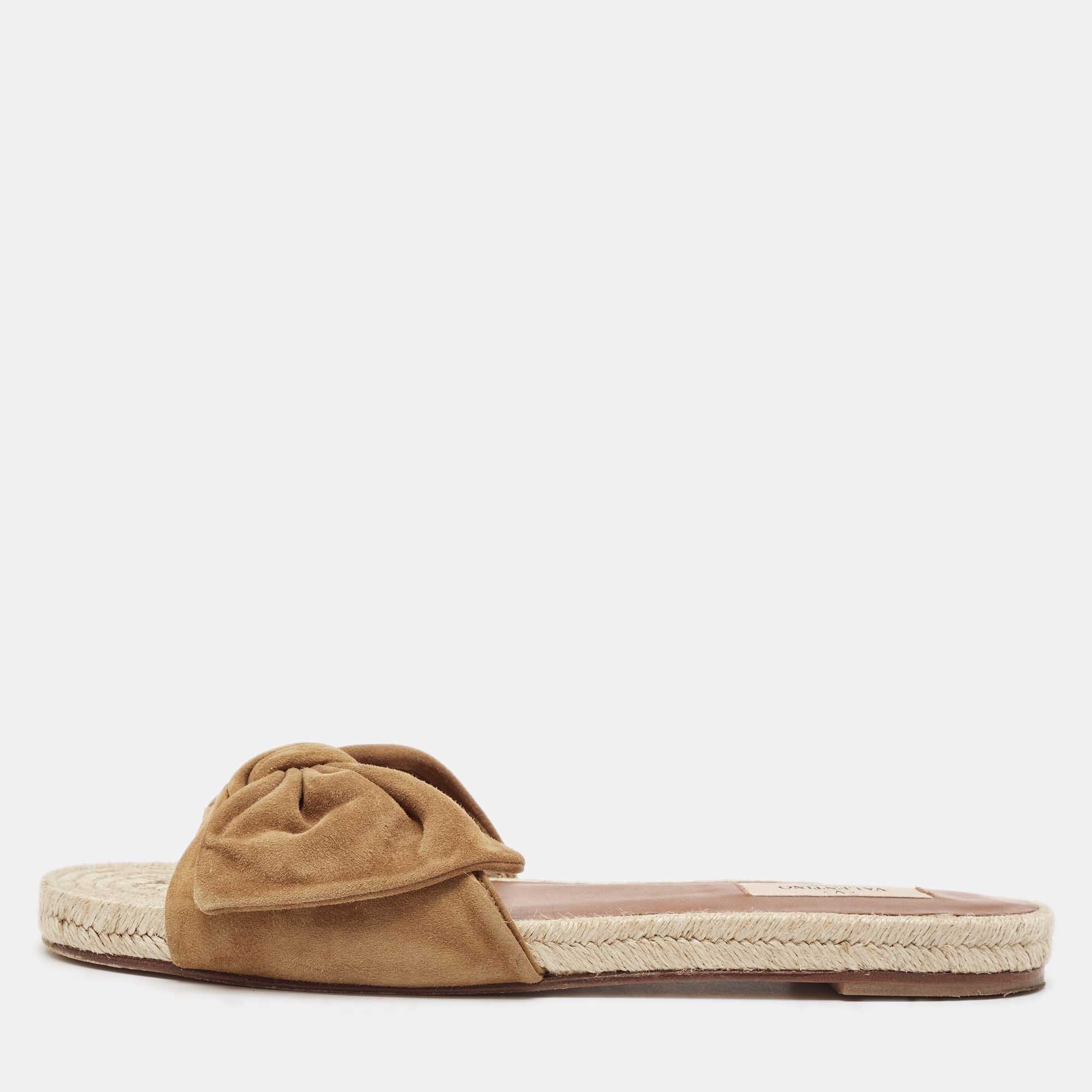 Pre Owned Valentino Brown Suede Bow Espadrille Flats Size 39.5