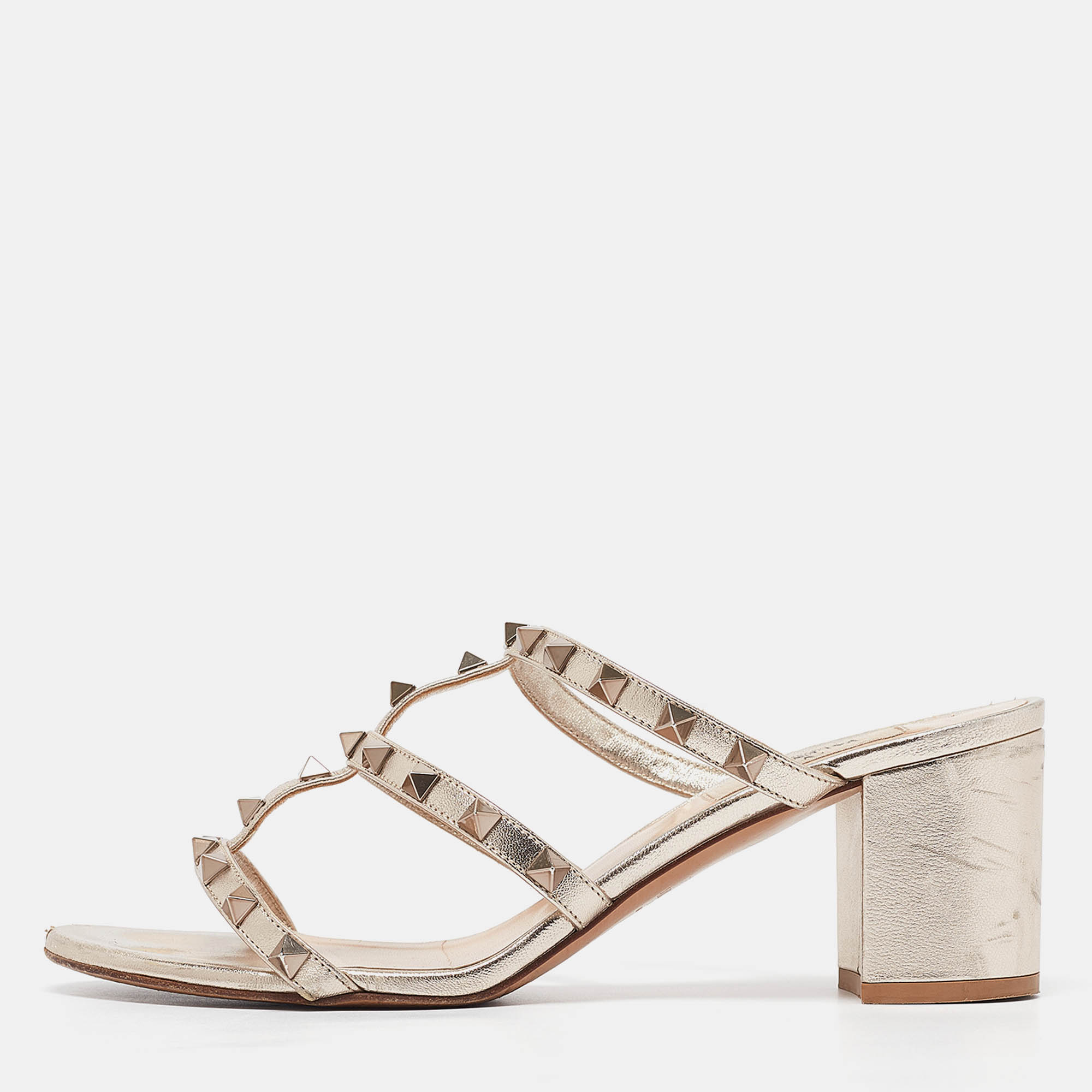 Pre Owned Valentino Metallic Leather Rockstud Slide Sandals Size 39.5