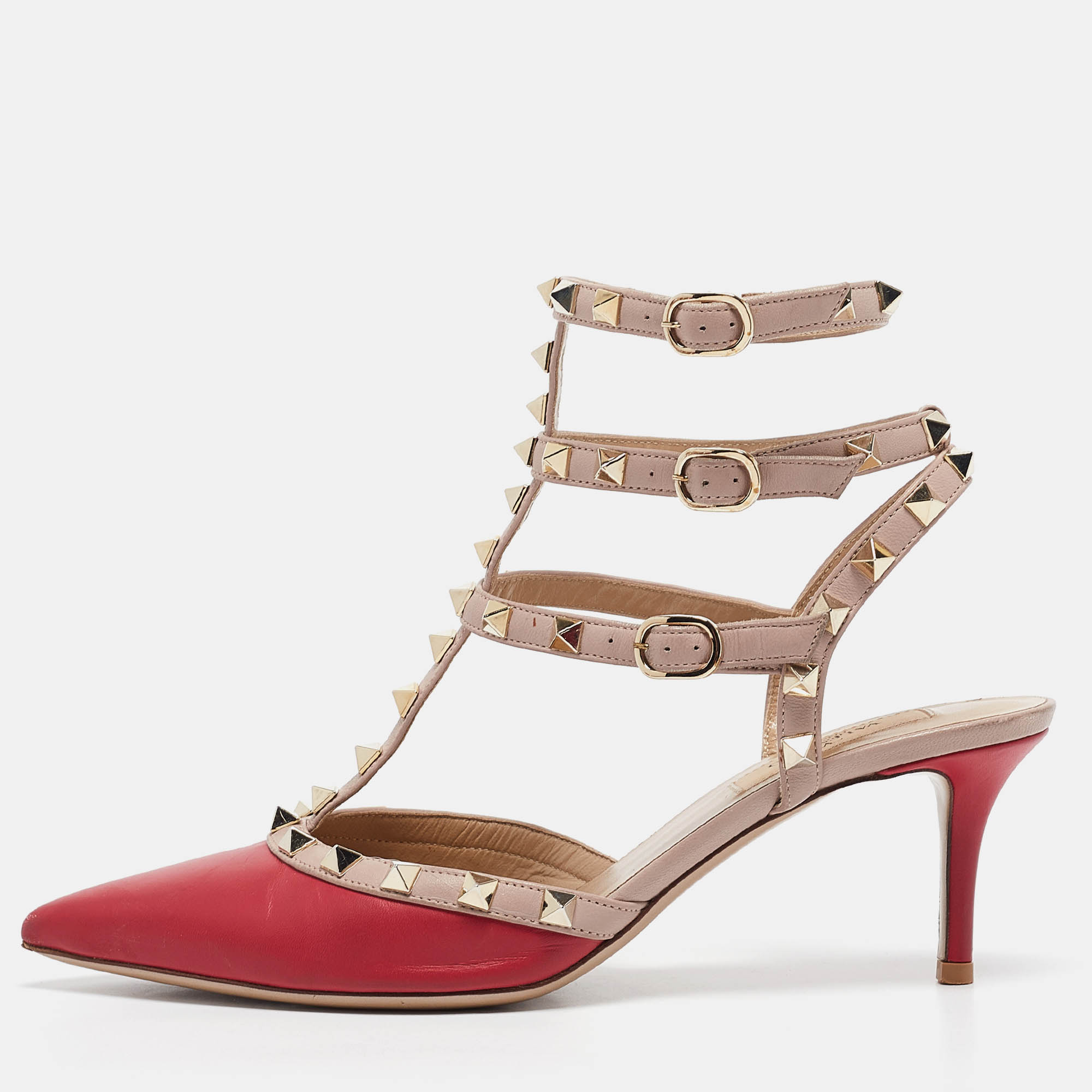 Pre Owned Valentino Purple/Beige Leather Rockstud Pumps Size 38.5