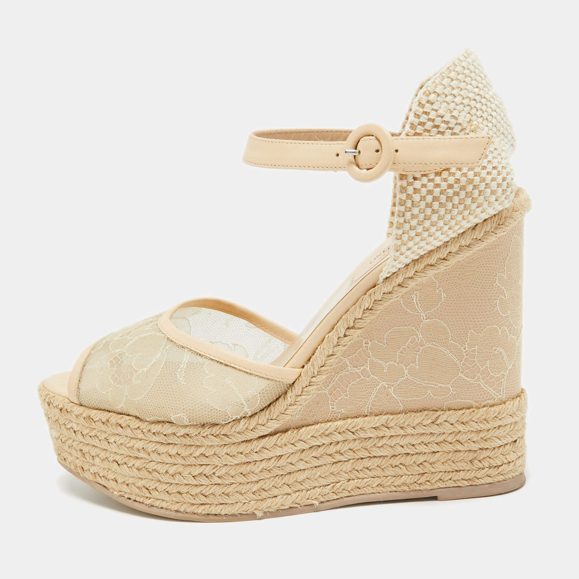 Pre Owned Valentino Two Tone Lace and Leather Espadrille Wedge Ankle Strap Sandals Size 39