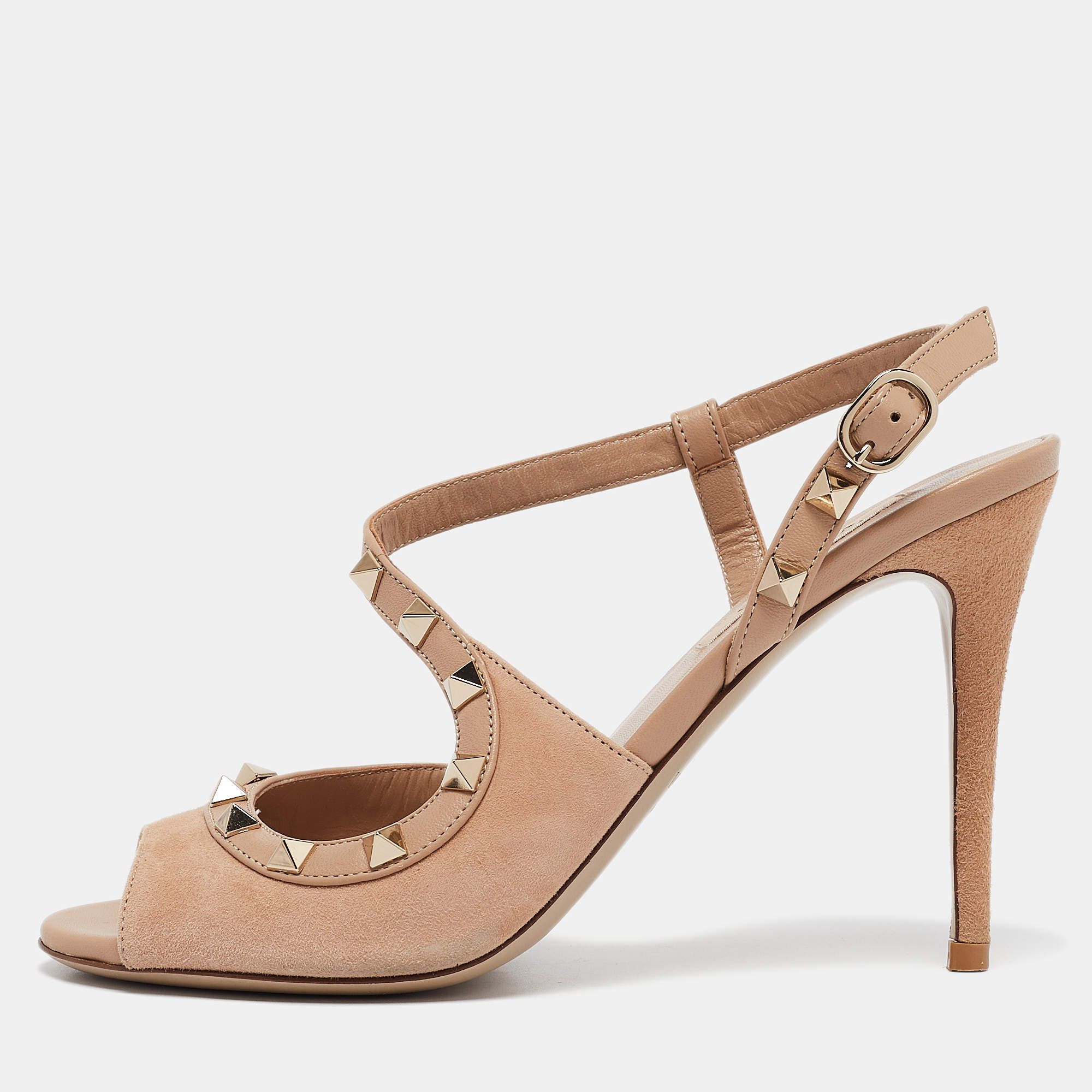 Pre Owned Valentino Beige Leather and Suede Rockstud Ankle Strap Sandals Size 37