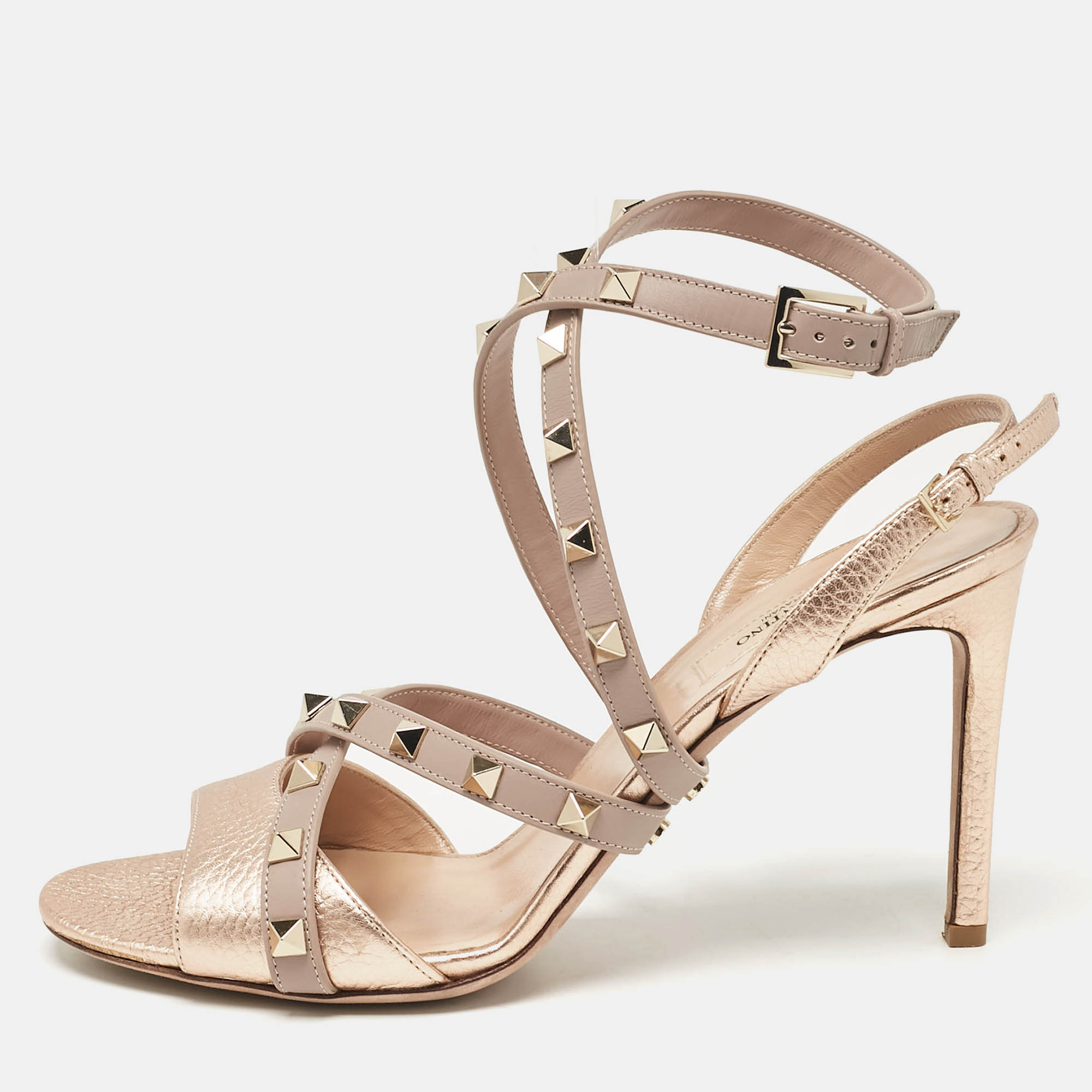 Pre Owned Valentino Rose Gold/Dusty Pink Leather Rockstud Slingback Ankle Strap Sandals Size 39