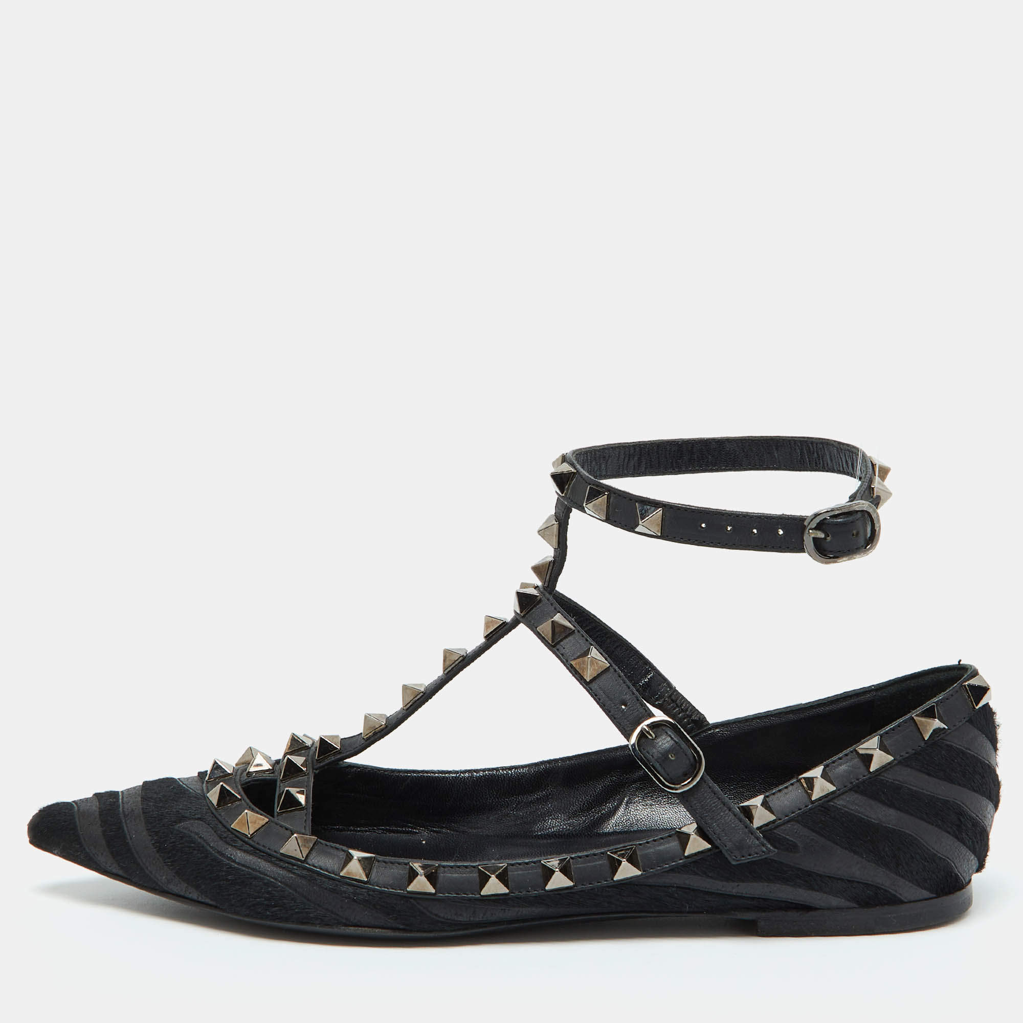 Valentino Black Calf Hair and Leather Rockstud Ankle Strap Ballet Flats Size 38