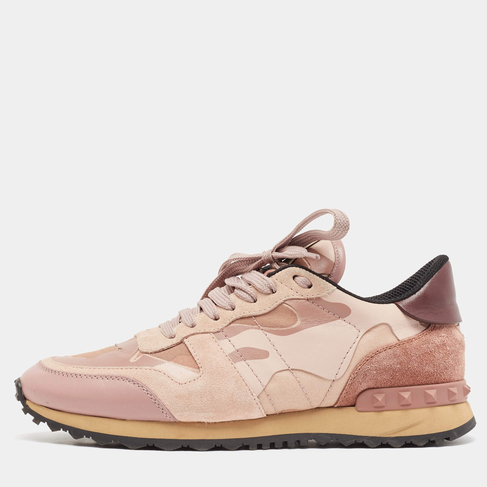 Pre Owned Valentino Pink Camouflage Canvas and Suede Rockrunner Sneakers Size 38