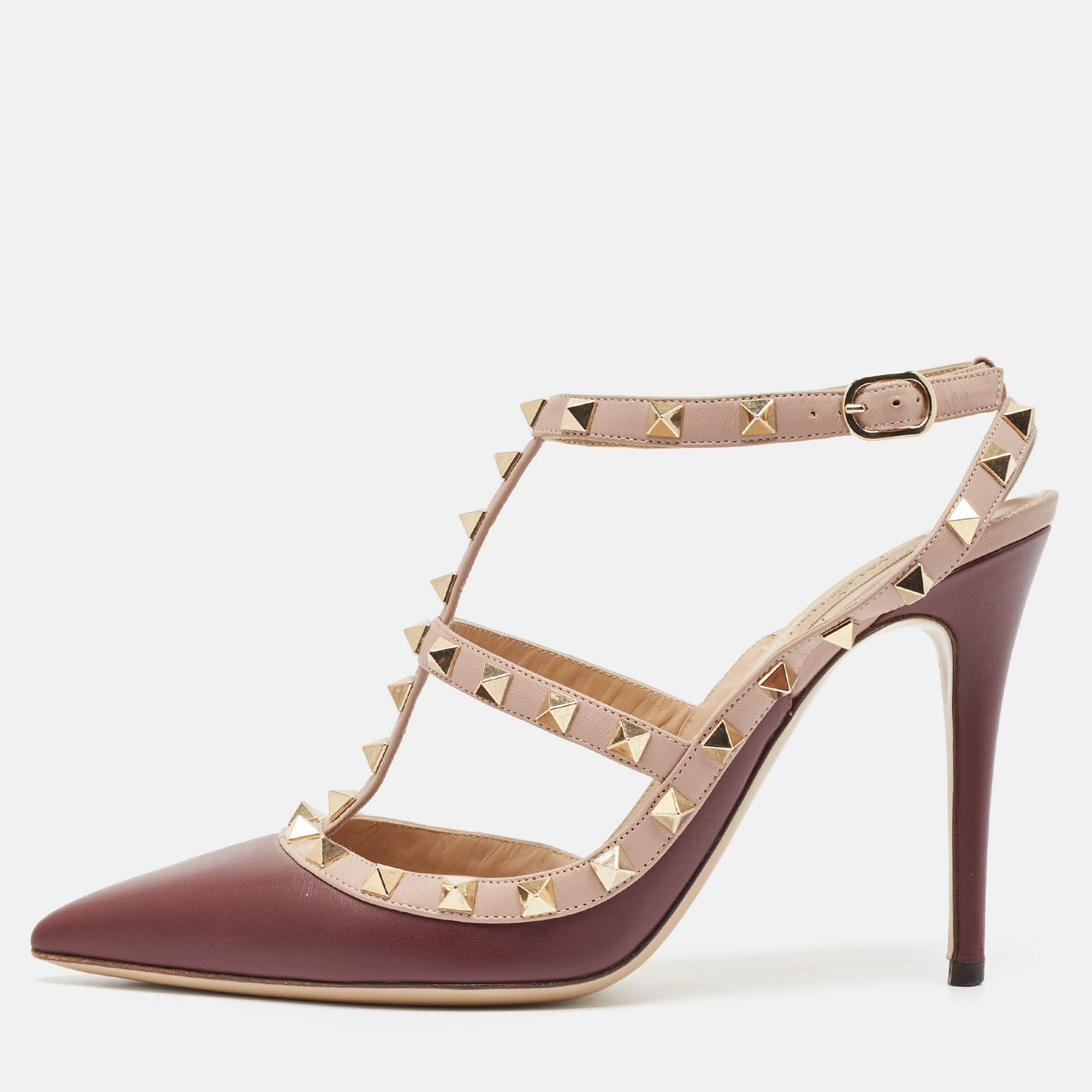 Valentino Plum/Dusty Pink Leather Rockstud Ankle Strap Pumps Size 40