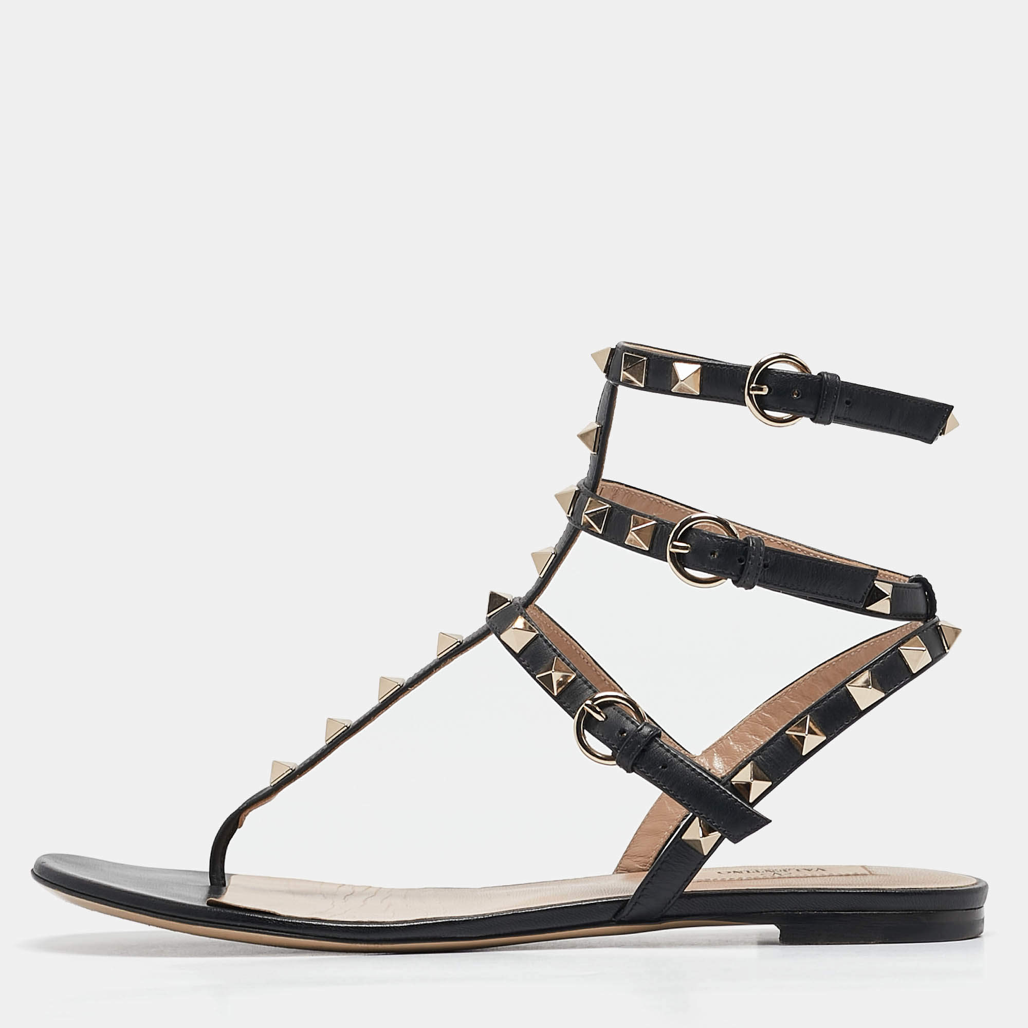 Pre Owned Valentino Black Leather Rockstud Ankle Strap Flat Sandals Size 39