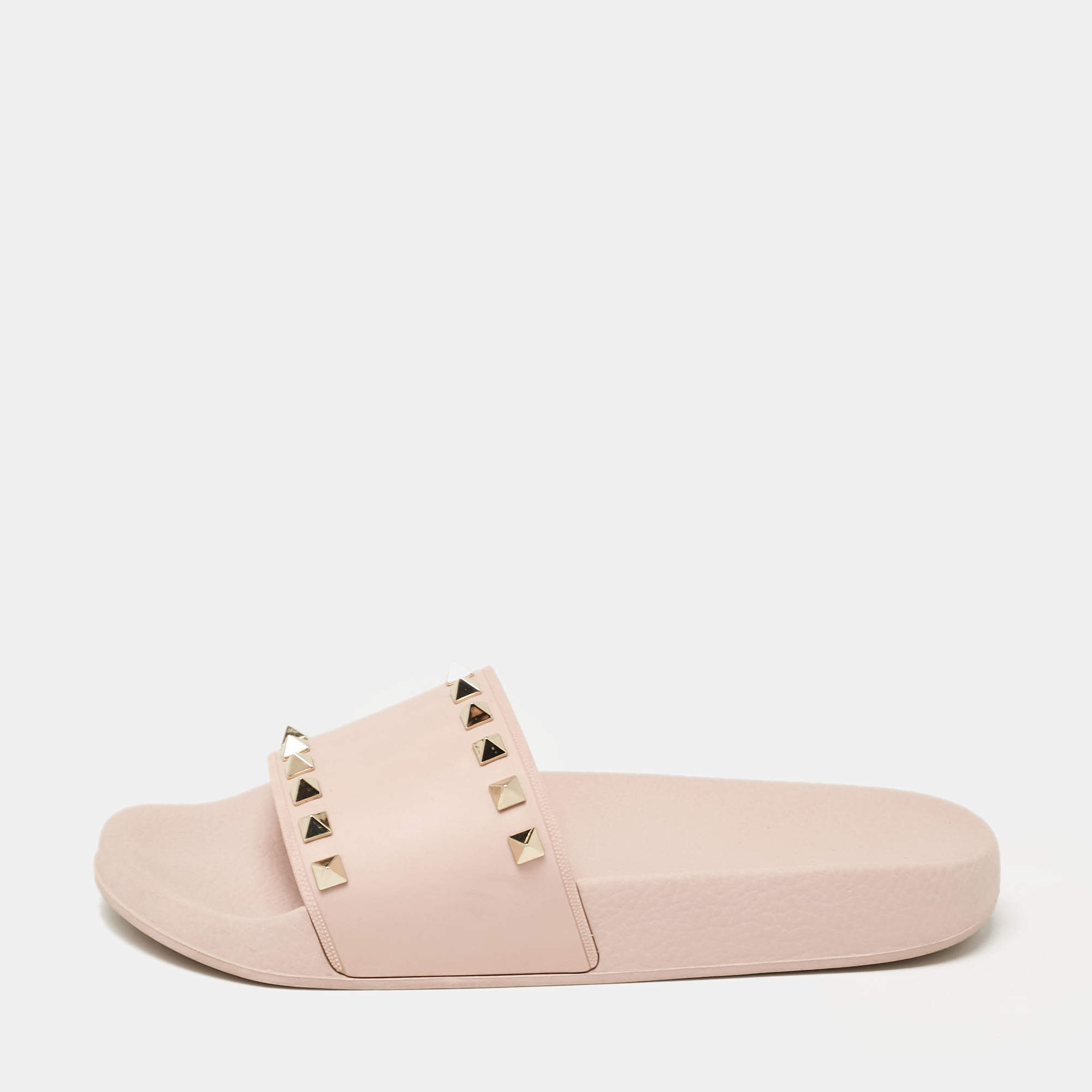 Pre Owned Valentino Pink Rubber Rockstud Slides Size 38