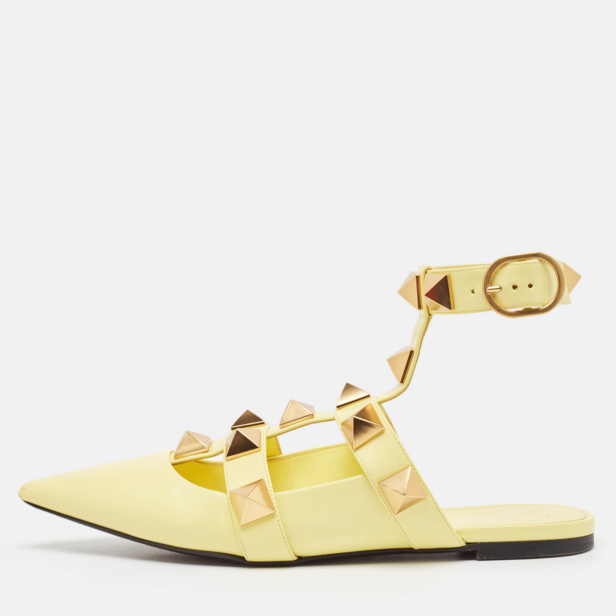 Valentino Yellow Leather Roman Stud Flat Sandals Size 40.5