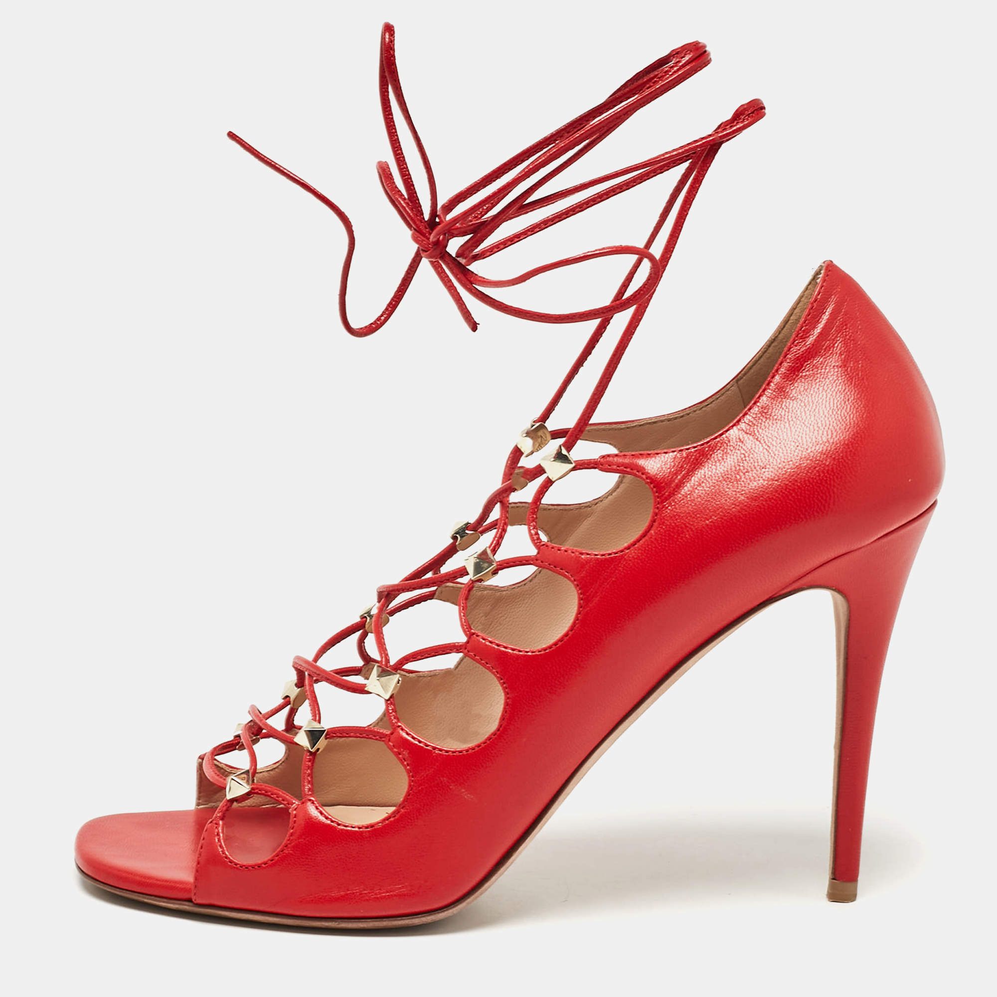 Valentino Red Leather Rockstud Ankle Tie Sandals Size 40