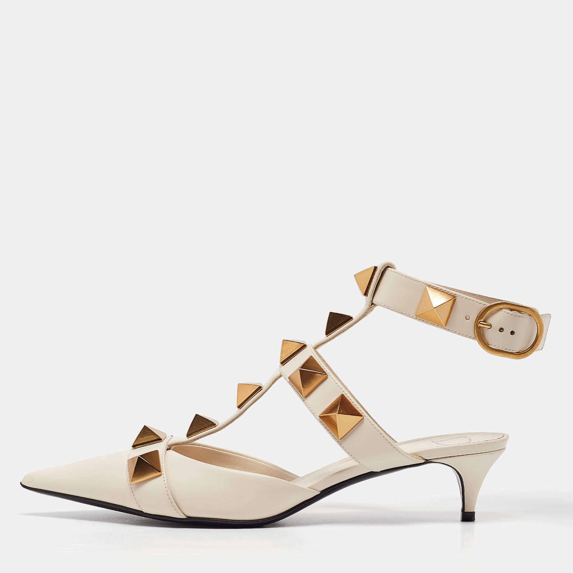 Pre Owned Valentino Cream Leather Roman Stud Pumps Size 38