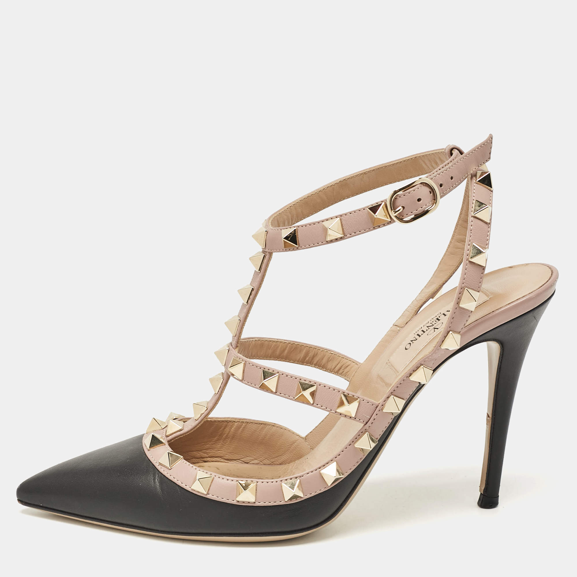 Pre Owned Valentino Black/Dusty Pink Leather Rockstud Ankle Strap Pumps Size 37.5