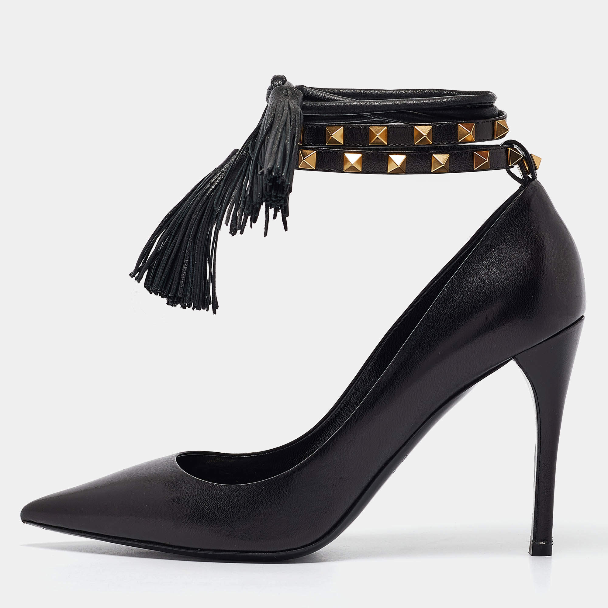 Pre Owned Valentino Black Leather Rockstud Ankle Wrap Pumps Size 40
