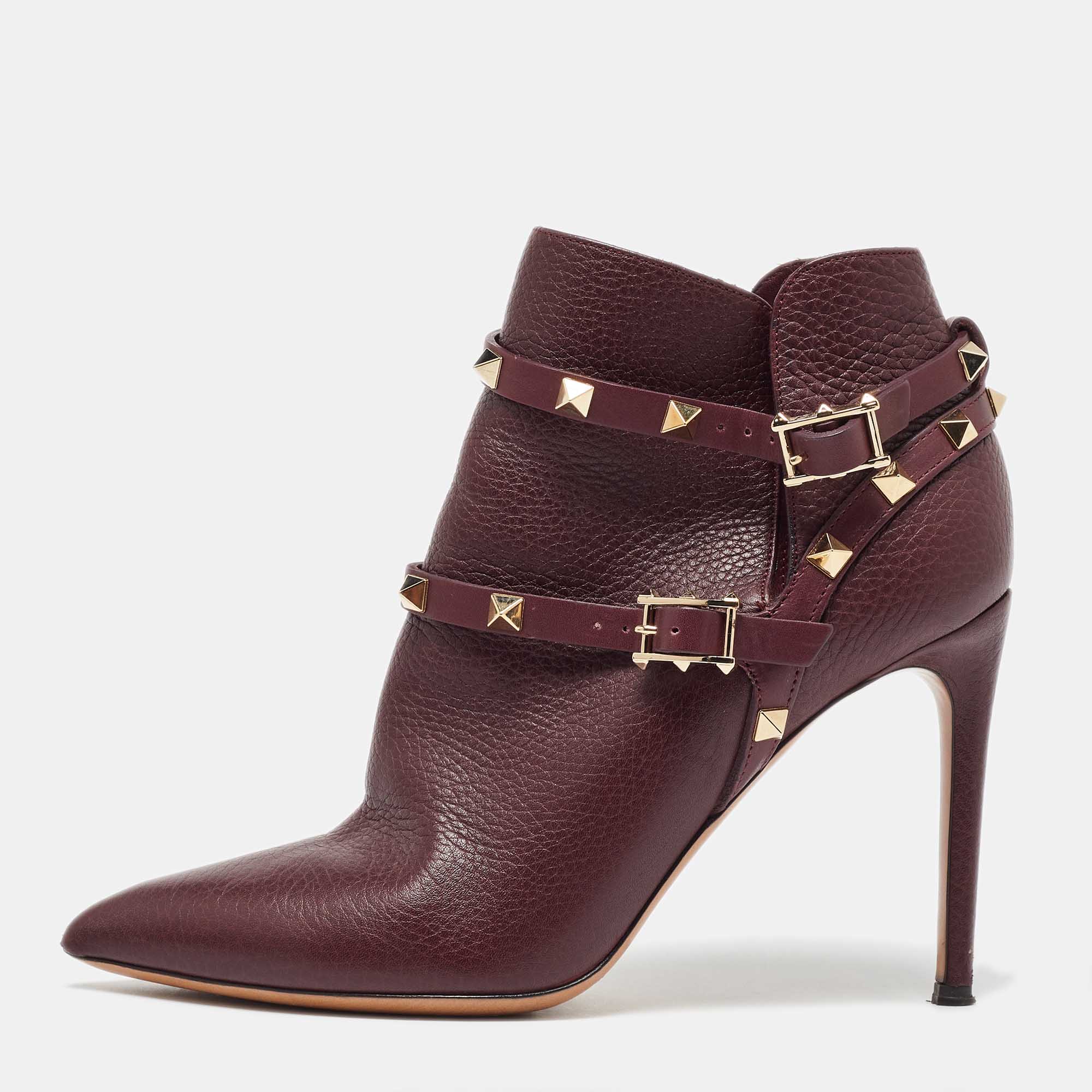 Pre Owned Valentino Burgundy Leather Rockstud Ankle Length Boots Size 37