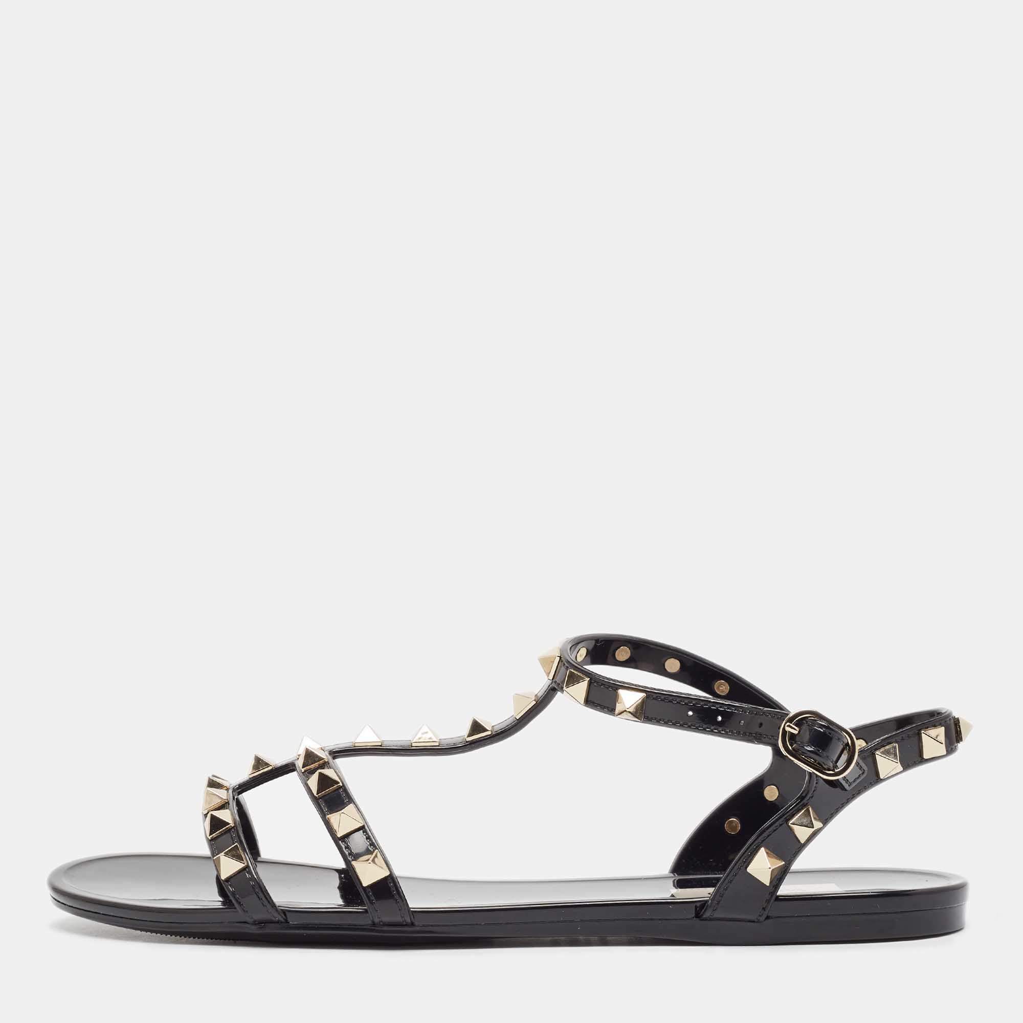 Pre Owned Valentino Black Rubber Rockstud Flat Sandals Size 39