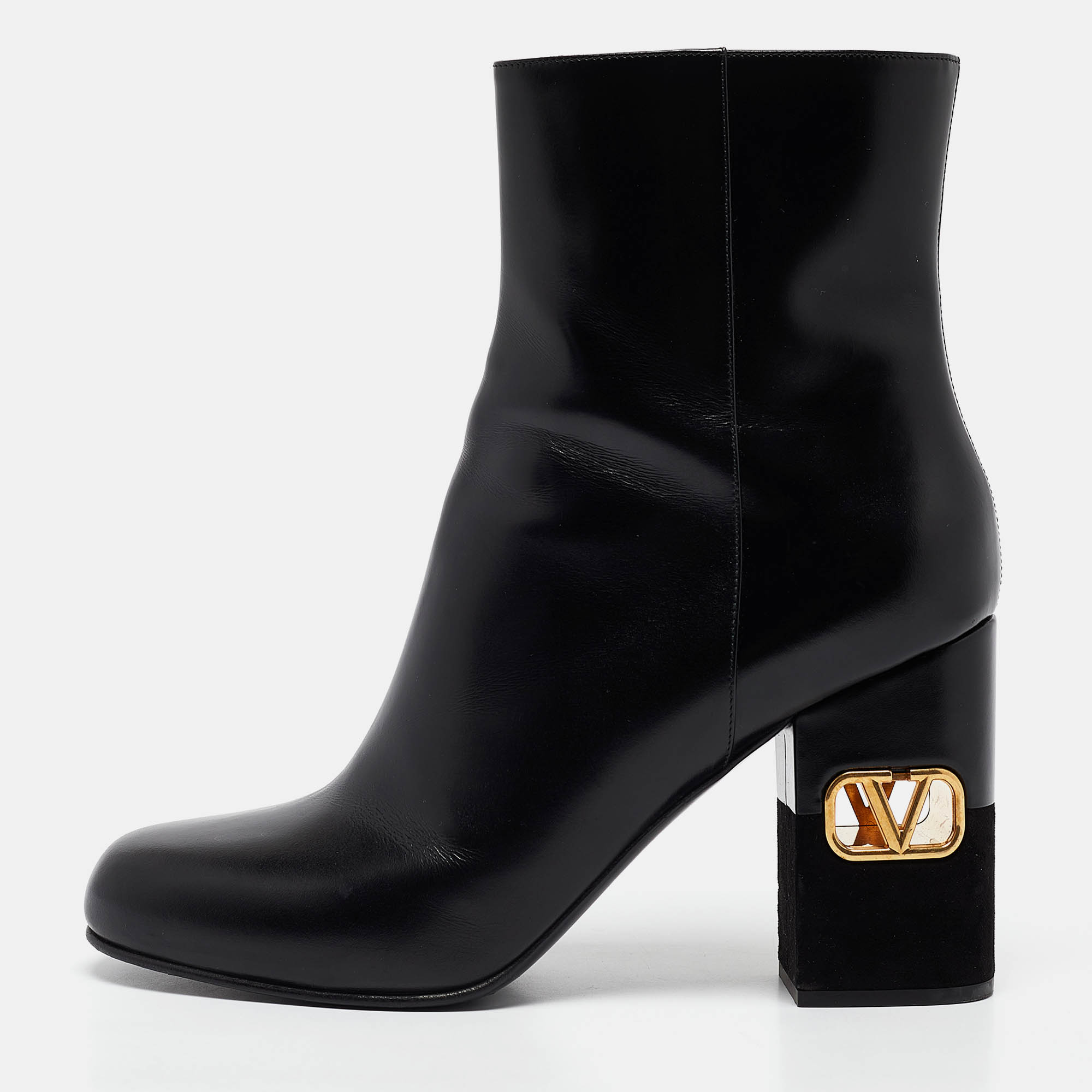 Pre Owned Valentino Black Leather V-logo Ankle Booties Size 41