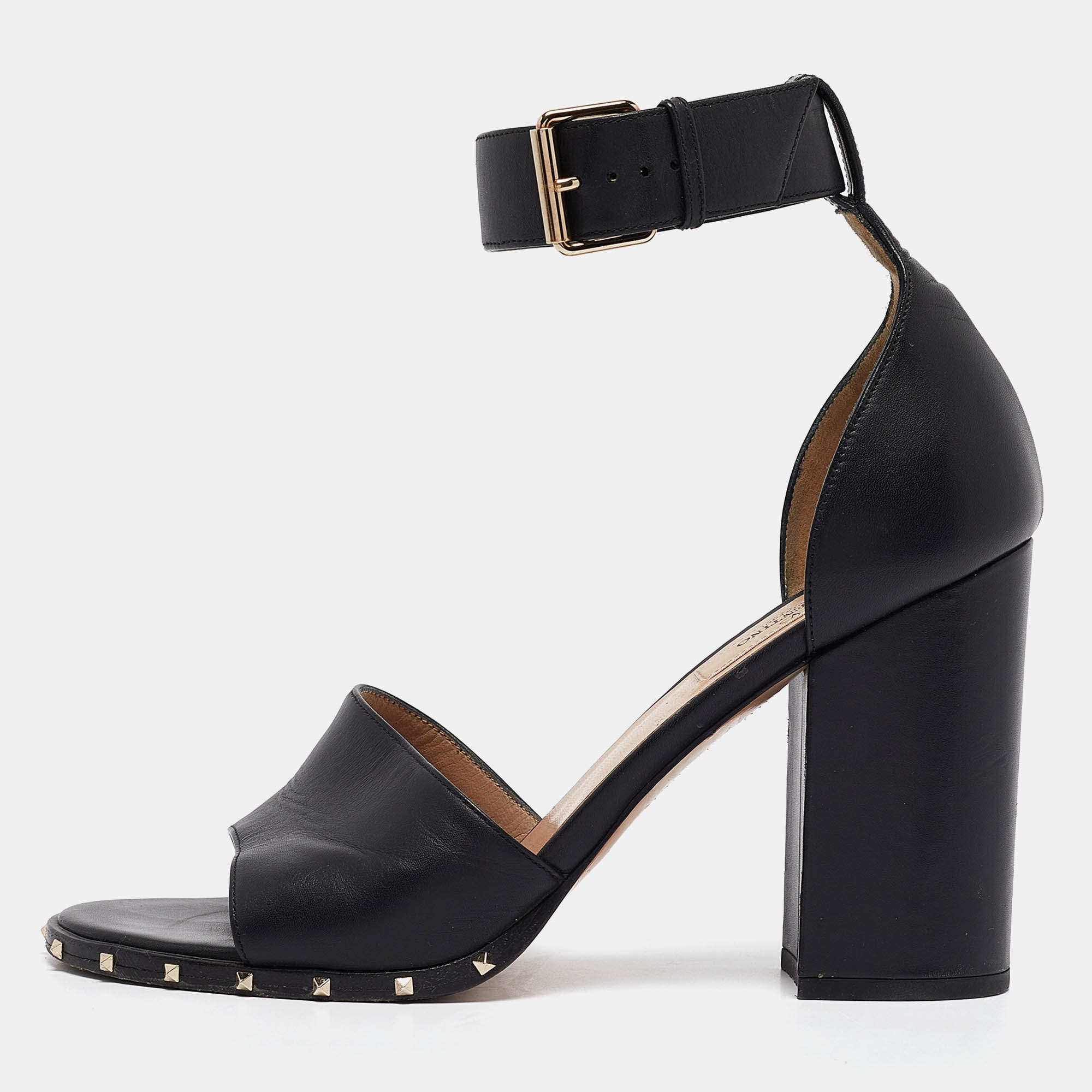 Pre Owned Valentino Black Leather Soul Rockstud Block Heel Ankle Strap Sandals Size 39