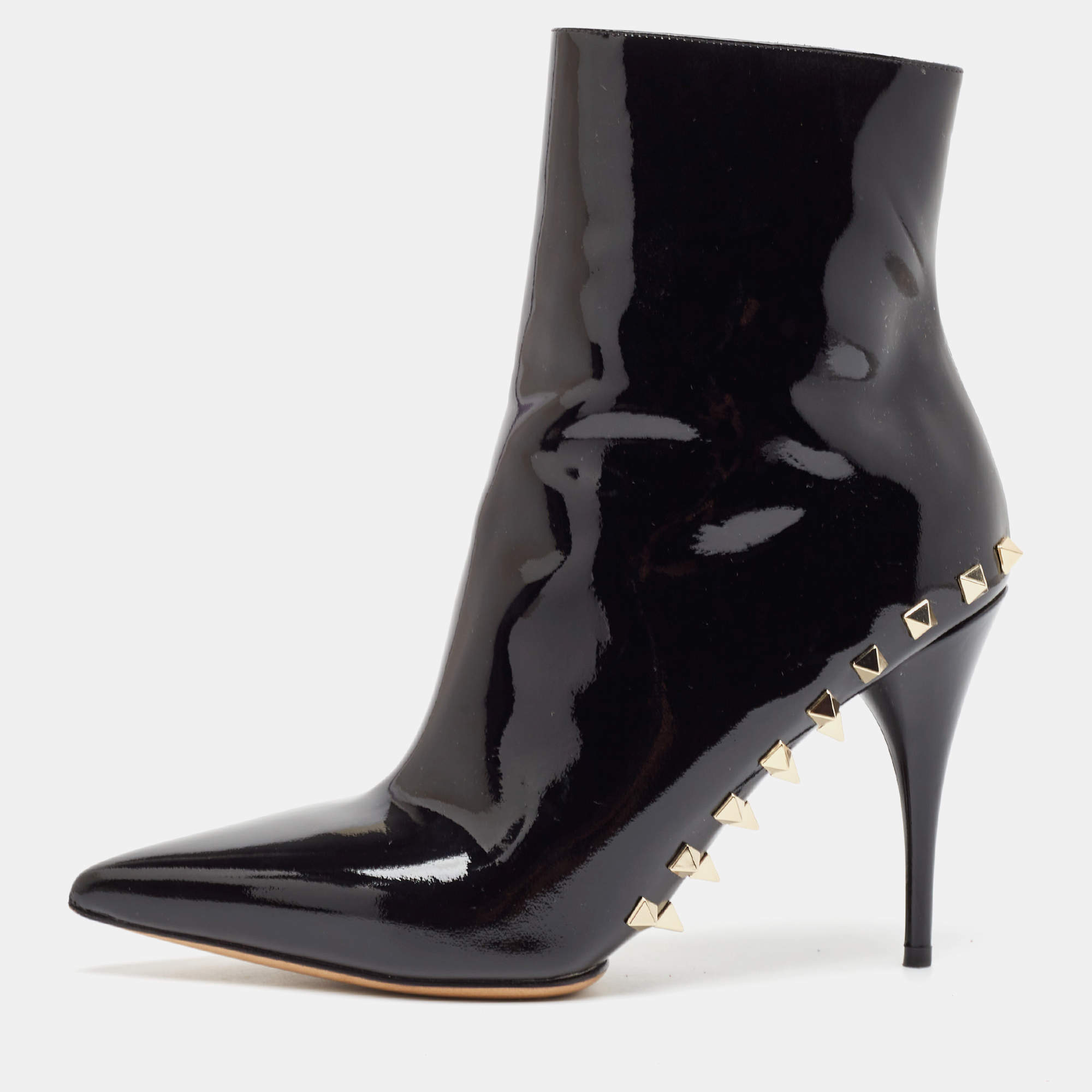 Valentino Black Patent Leather Rockstud Ankle Length Boots Size 38.5