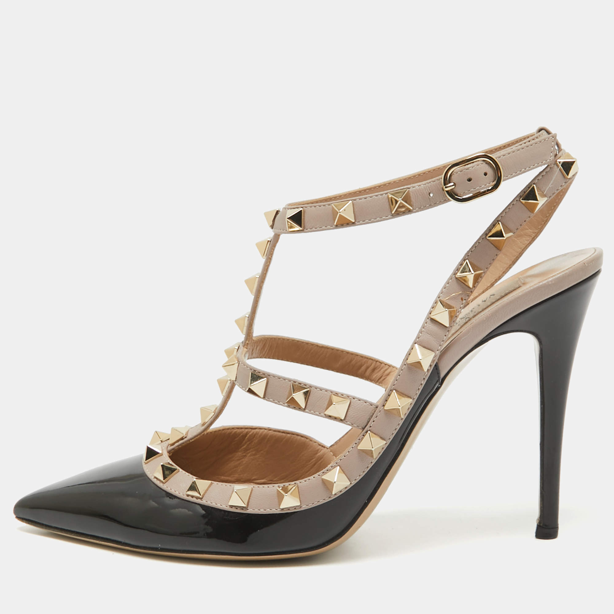 Pre Owned Valentino Black Leather and Patent Leather Rockstud Pumps Size 39