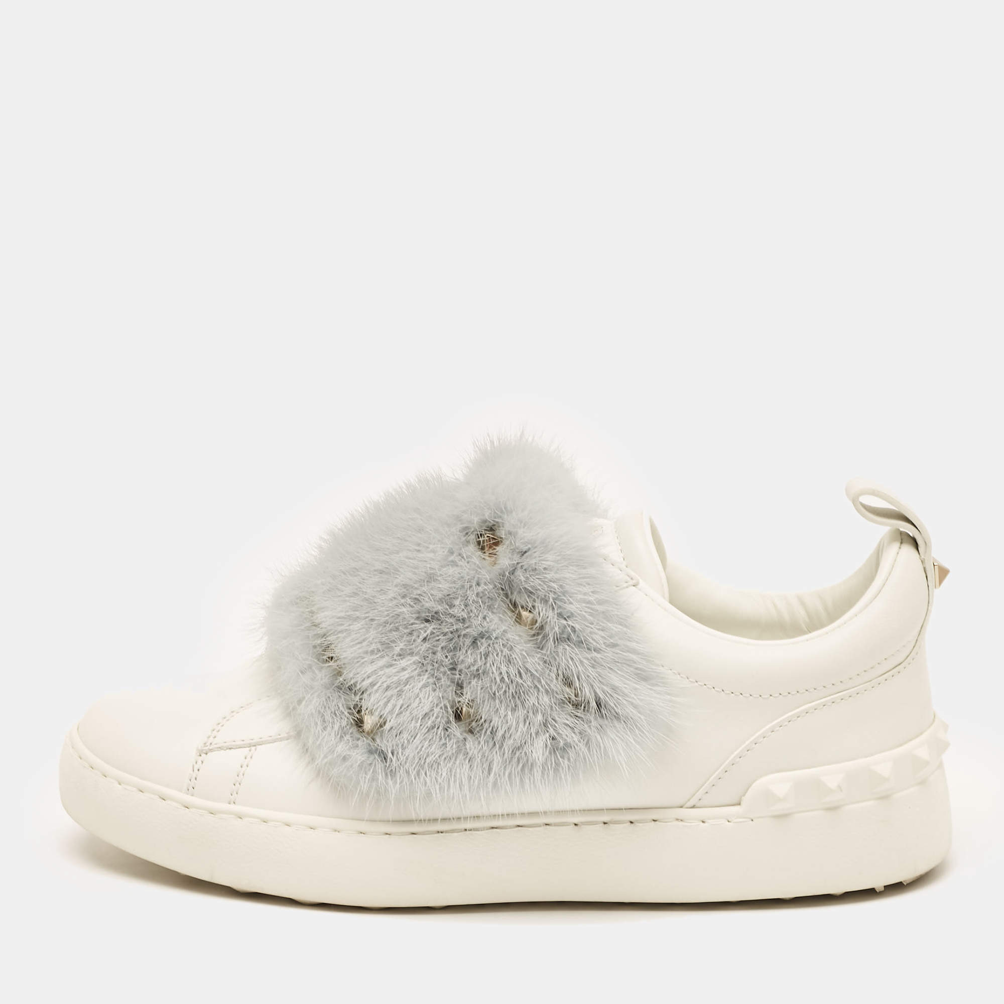 Valentino White Leather and Mink Fur Rockstud Low Top Sneakers Size 37.5