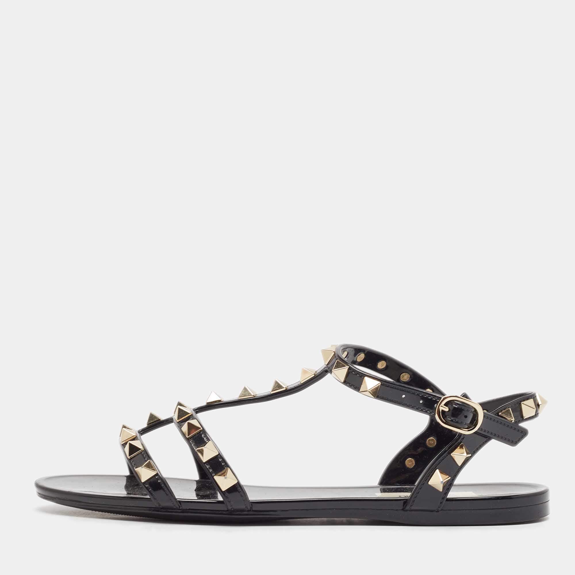 Valentino Black Rubber Rockstud Flat Sandals Size 36