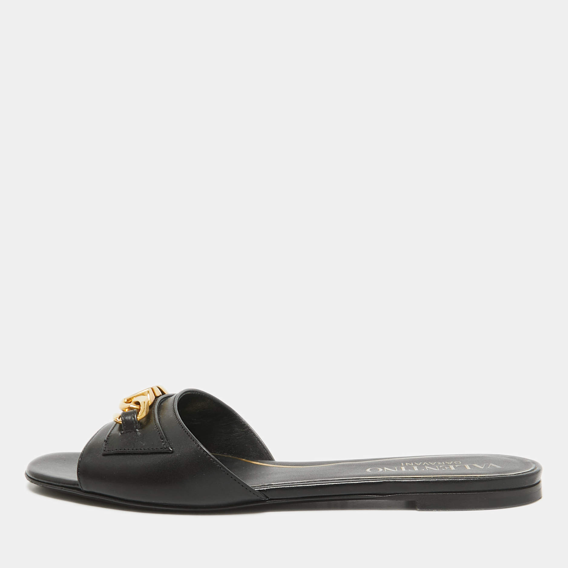 Valentino Black Leather VLogo Flat Slides Size 39