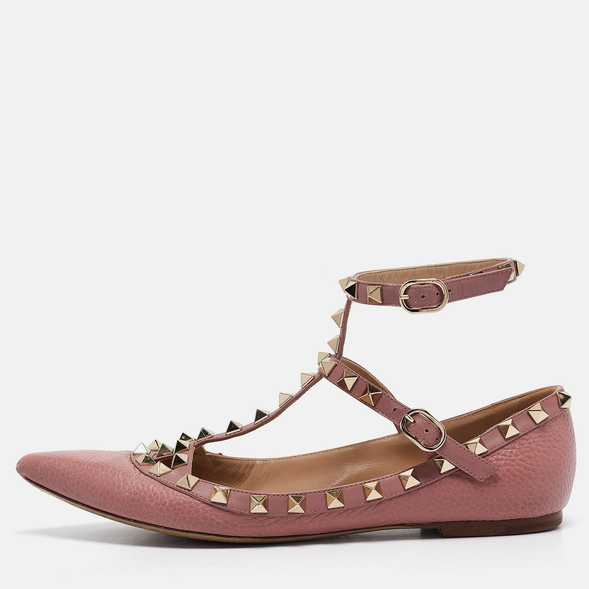 Pre Owned Valentino Pink Leather Rockstud Ballet Flats Size 37.5