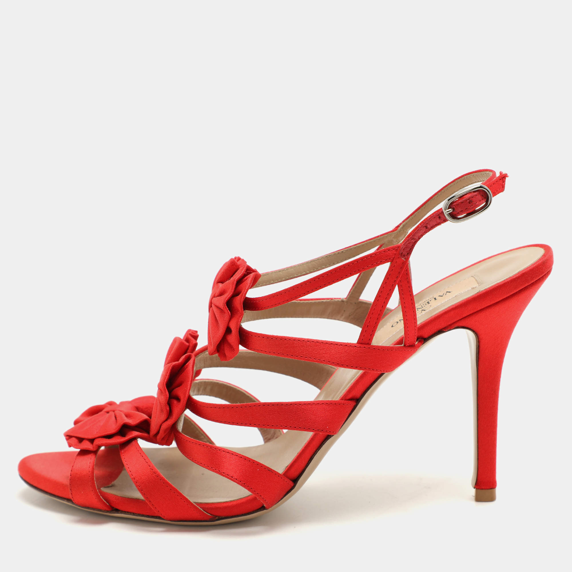 Valentino Red Satin Bow Embellished Slingback Sandals Size 39.5