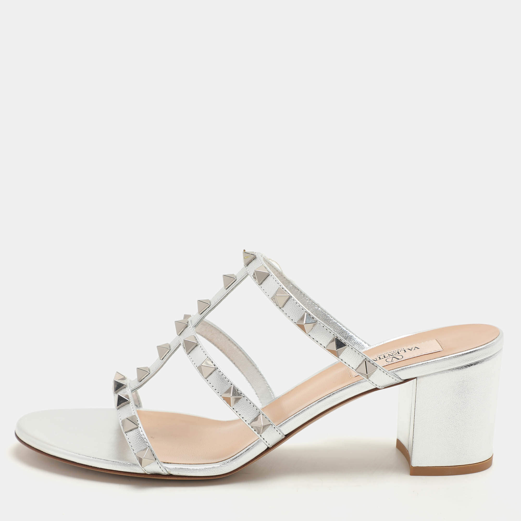 Pre Owned Valentino Silver Leather Rockstud Slide Sandals Size 40.5