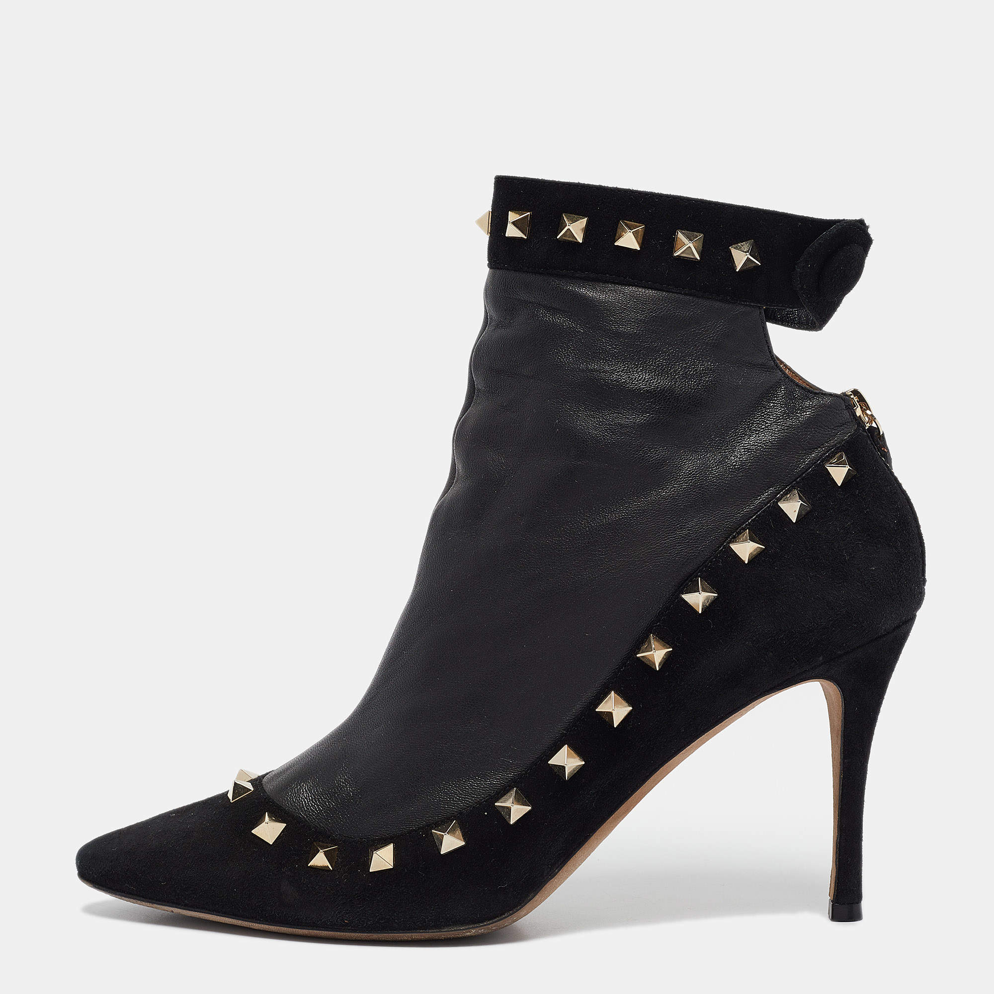 Pre Owned Valentino Black Leather and Suede Rockstud Ankle Boots Size 40