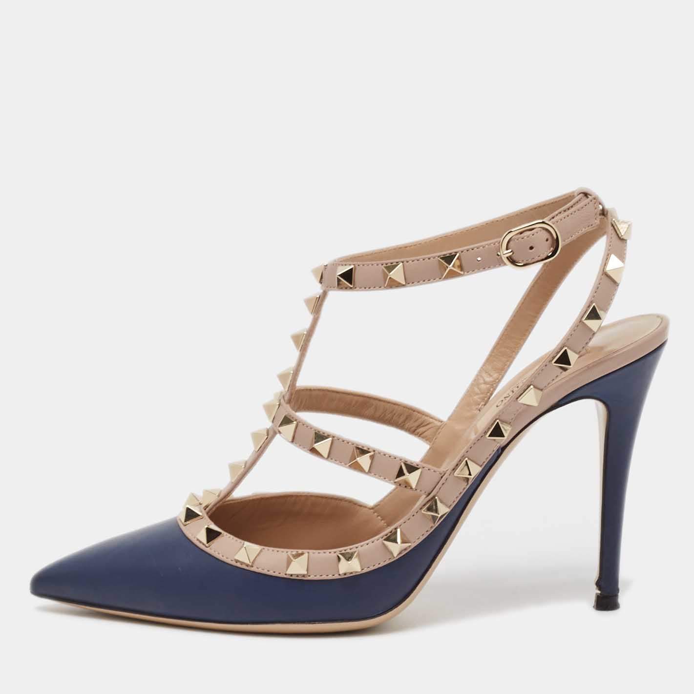 Pre Owned Valentino Navy Blue/Beige Leather Rockstud Pumps Size 38.5