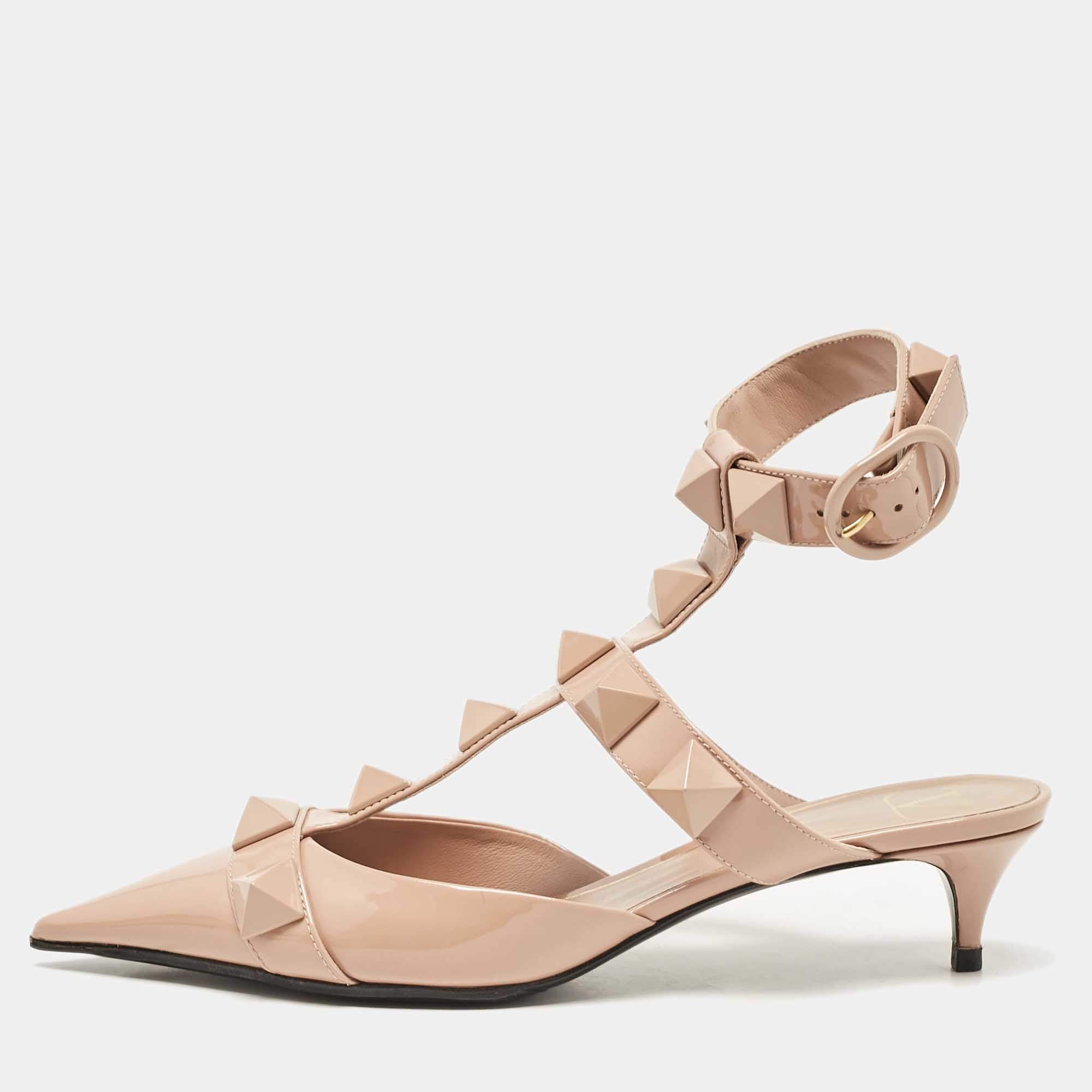 Pre Owned Valentino Pink Patent Leather Roman Stud Ankle Strap Pumps Size 38