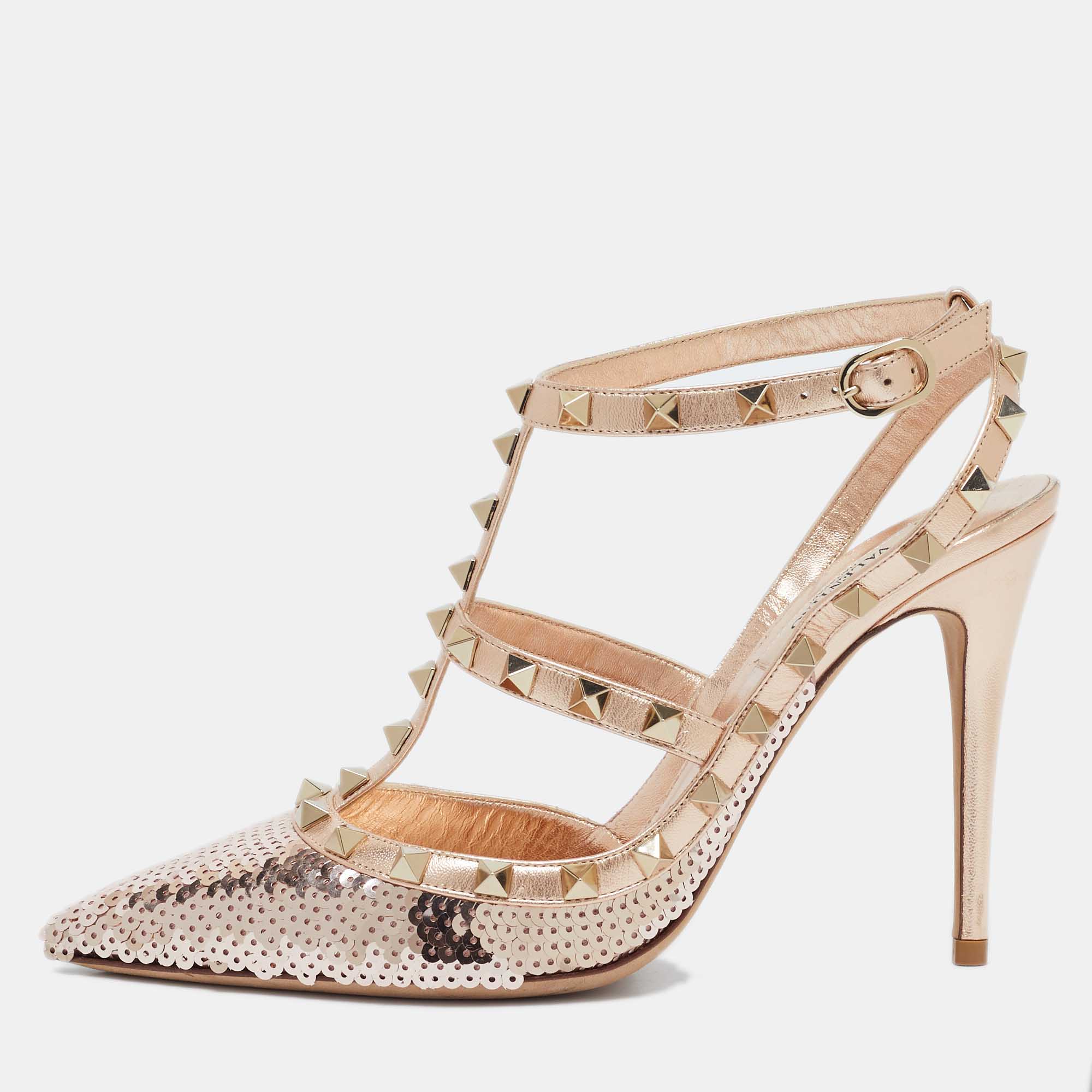 Valentino Rose Gold Sequins and Leather Rockstud Ankle Strap Pumps Size 39