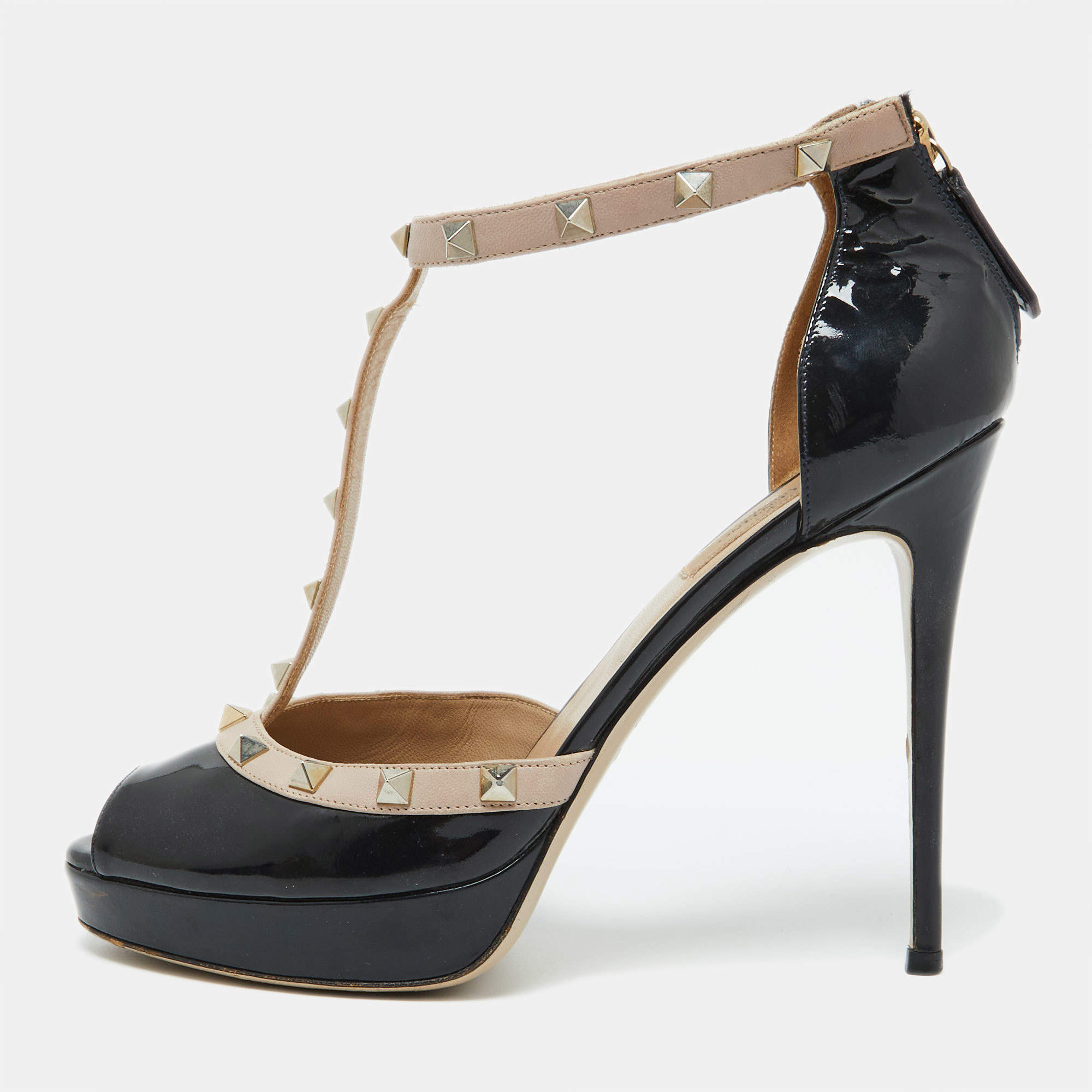 Valentino Black/Beige Patent Leather Rockstud Platform Peep Toe Pumps Size 39.5