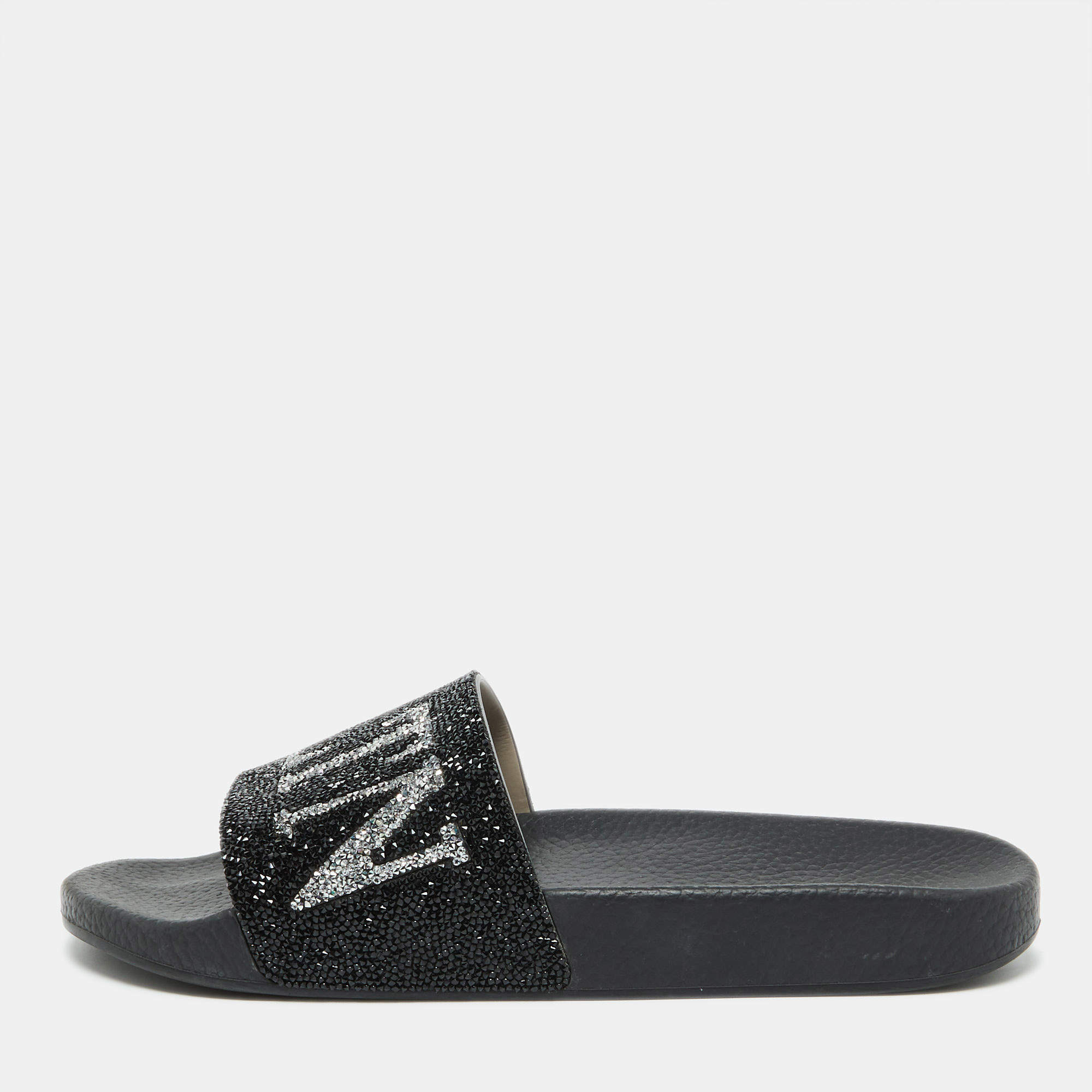 Valentino Black Leather VLTN Crystal Embellished Flat Slides Size 39