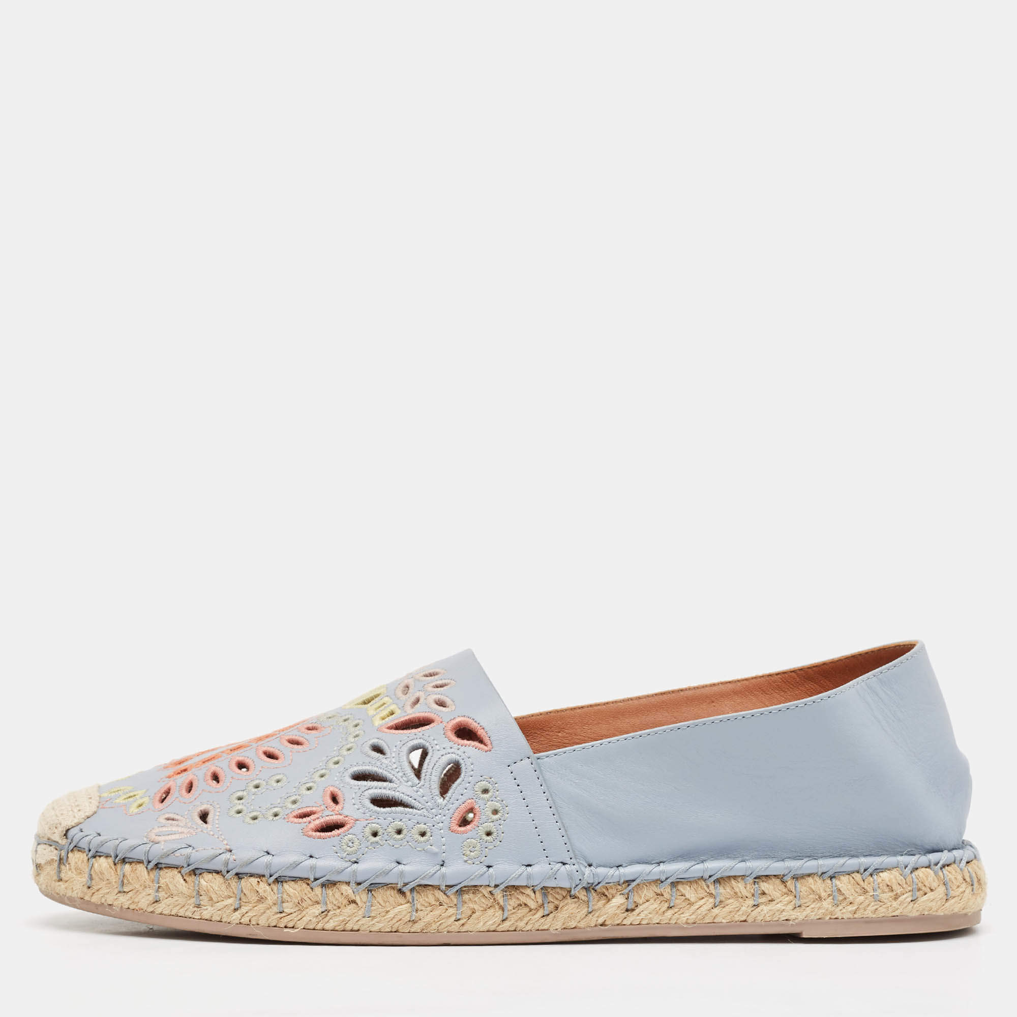 Pre Owned Valentino Light Blue Embroidered and Laser Cut Leather Espadrille Flats Size 38