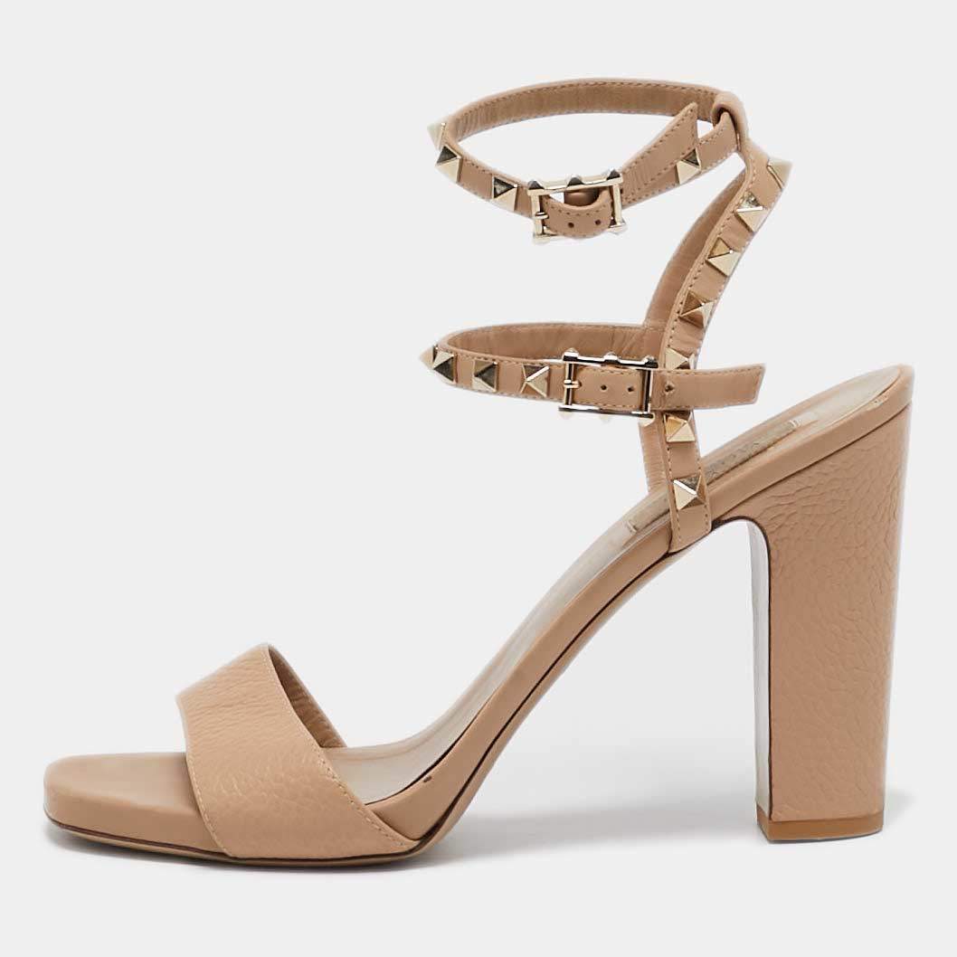 Valentino Beige Leather Rockstud Ankle Strap Sandals Size 40.5