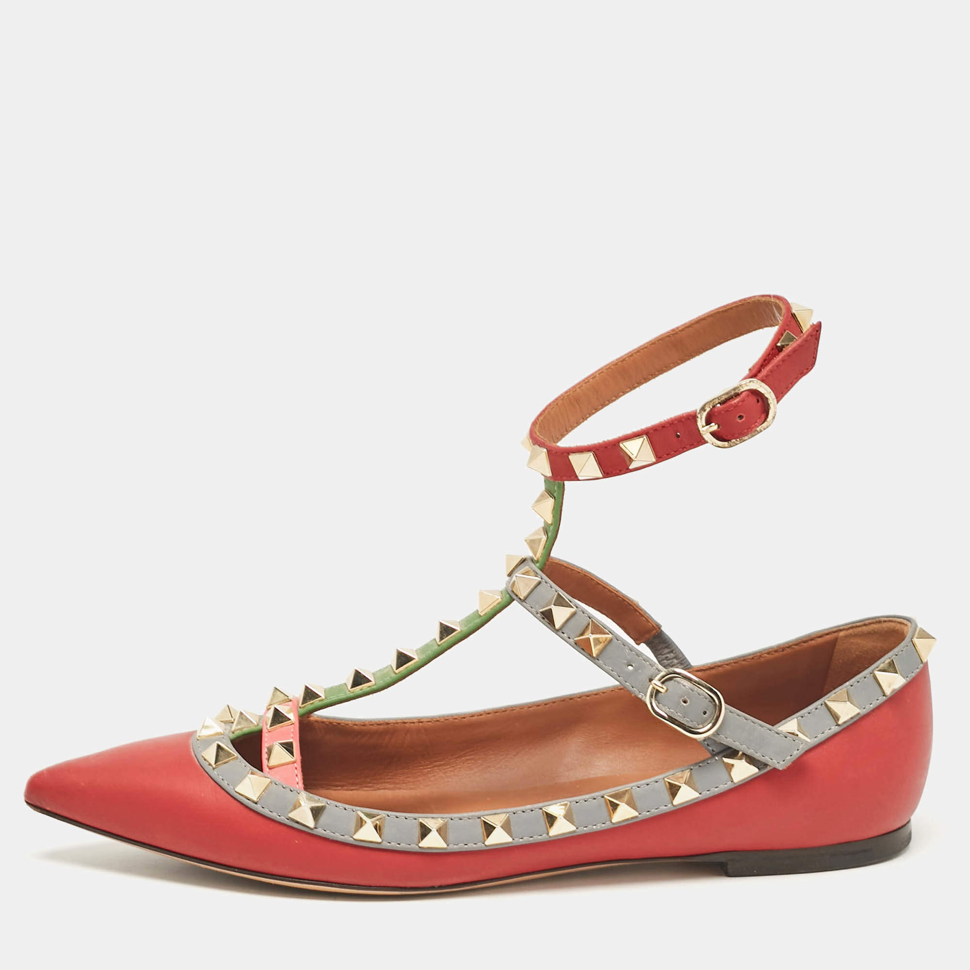 Valentino Multicolor Leather Rockstud Ankle Strap Ballet Flats Size 36