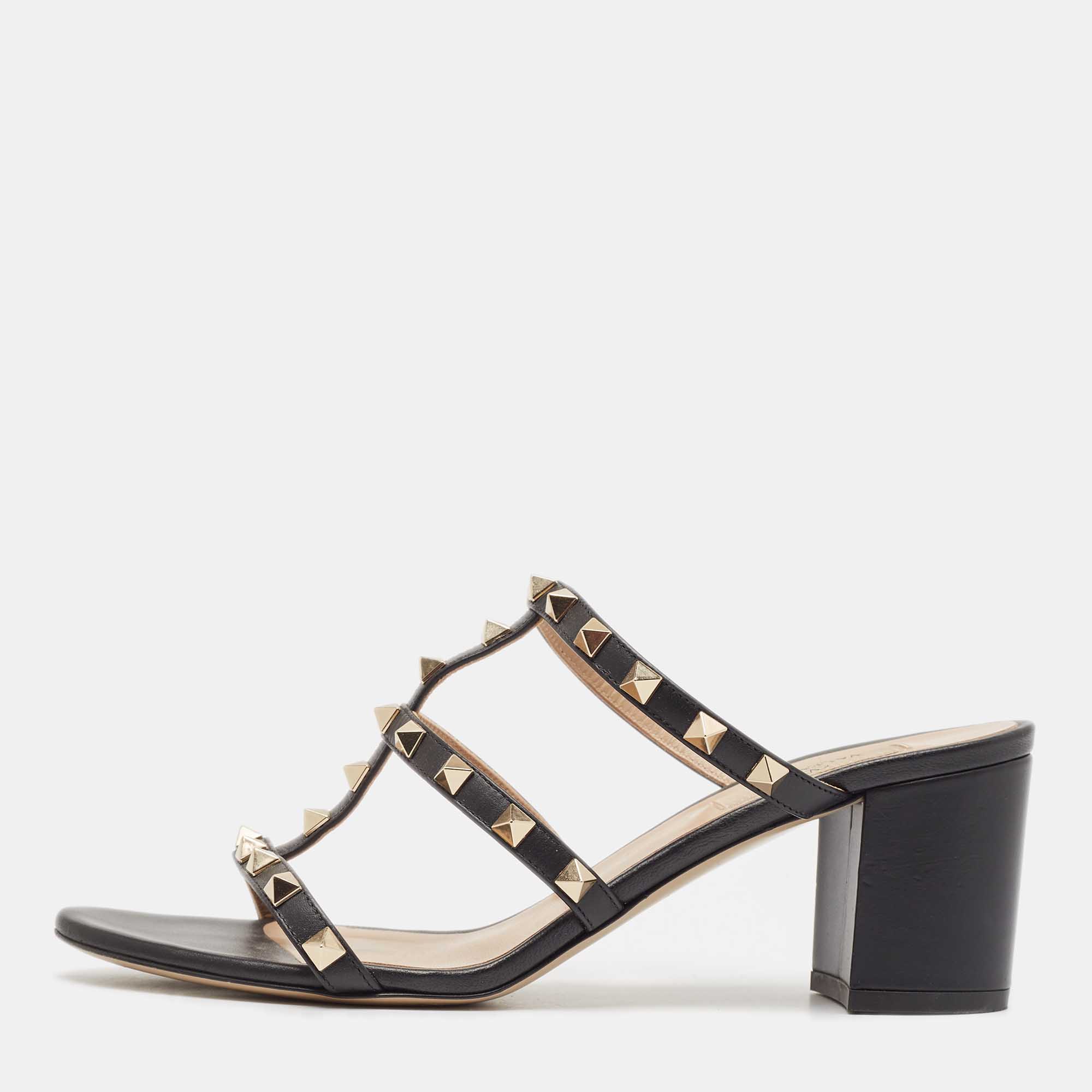 Pre Owned Valentino Black Leather Rockstud Slide Sandals Size 39.5