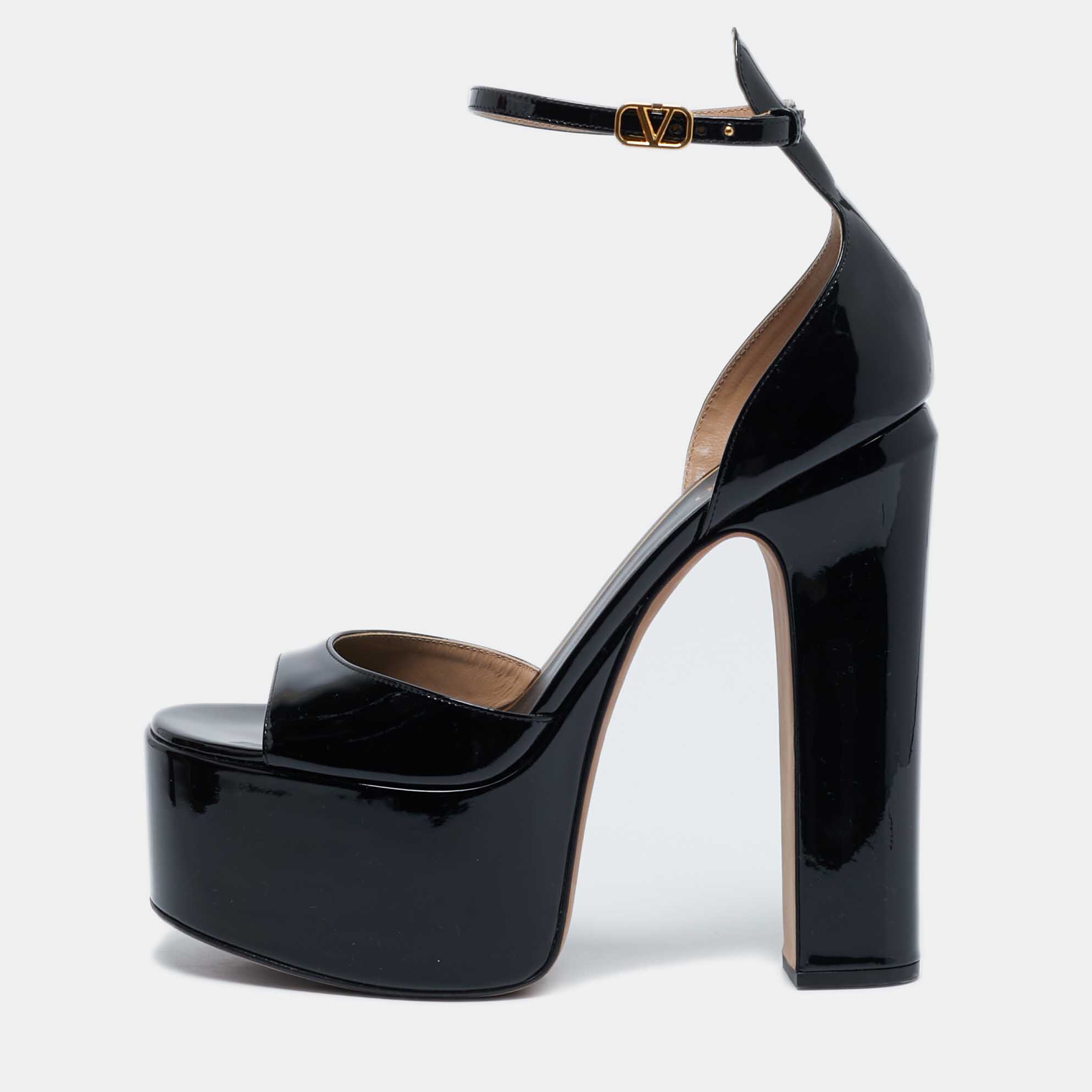 Pre Owned Valentino Black Patent Leather Tan-Go Platform Sandals Size 39