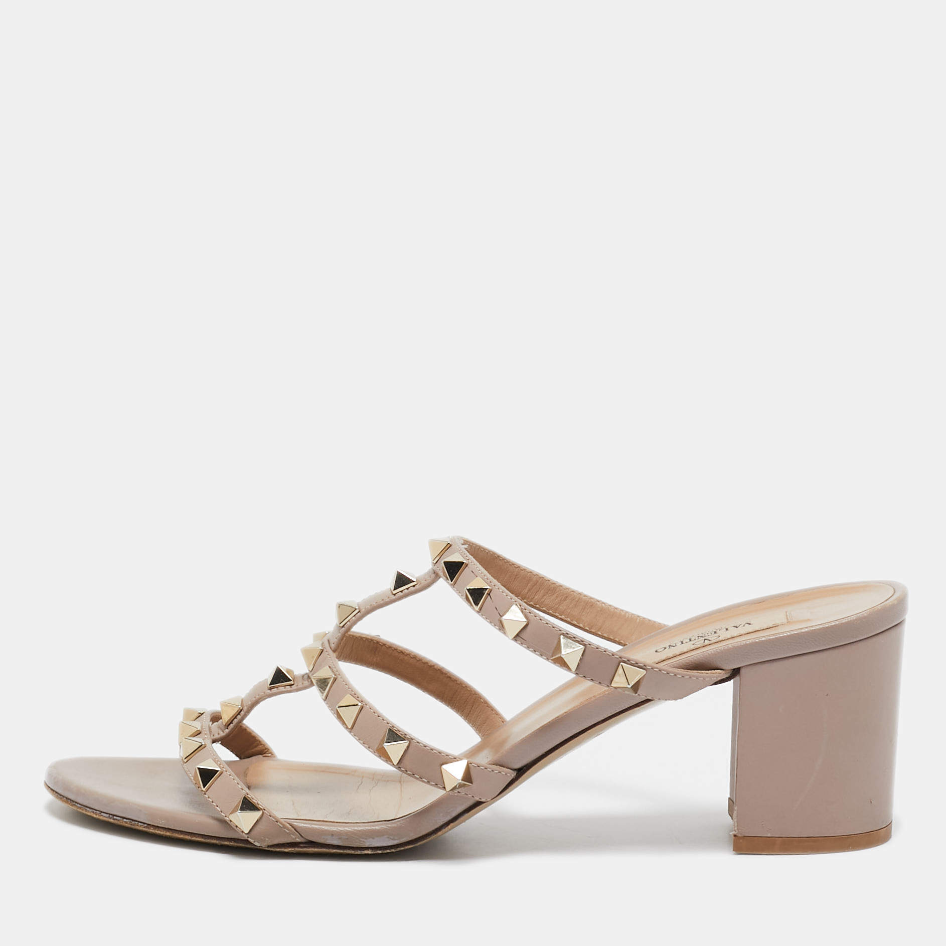 Pre Owned Valentino Dusty Pink Leather Rockstud Strappy Block Heel Sandals Size 40.5