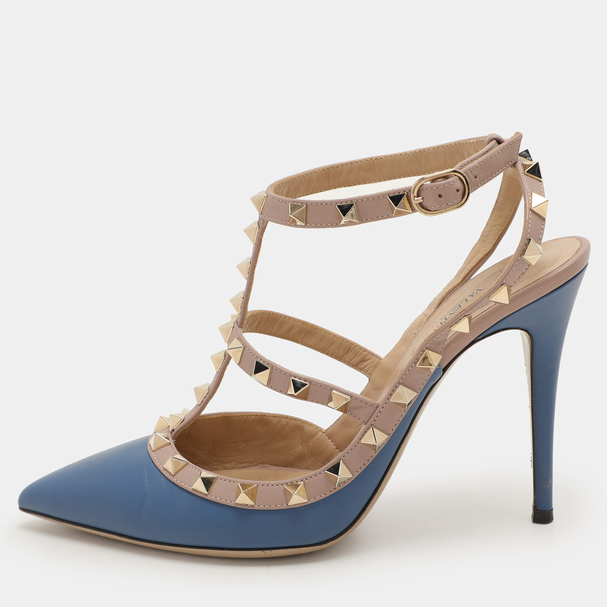 Pre Owned Valentino Blue/Beige Leather Rockstud Ankle Strap Pumps Size 39