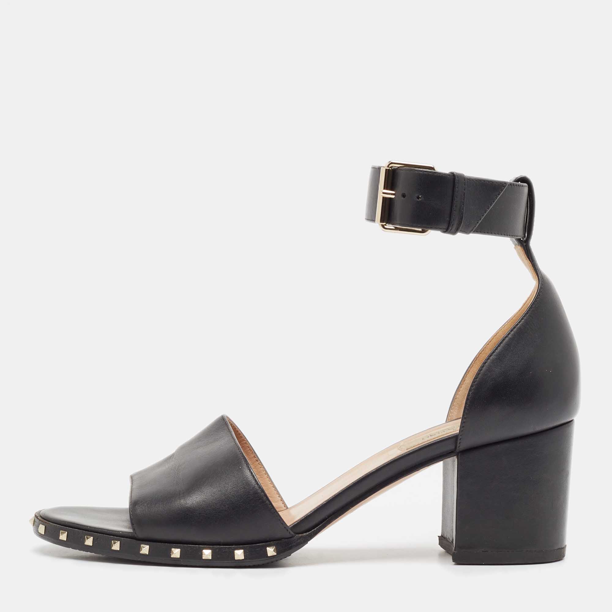 Valentino Black Leather Soul Rockstud Ankle Strap Sandals Size 39.5