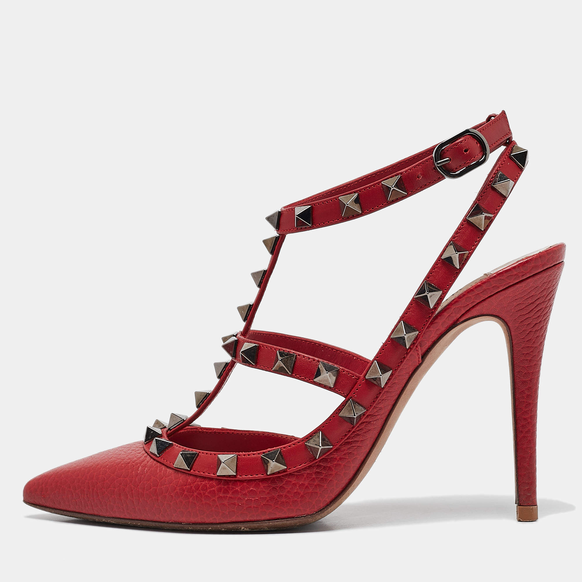 Pre Owned Valentino Red Leather Rockstud Ankle Strap Pumps Size 36