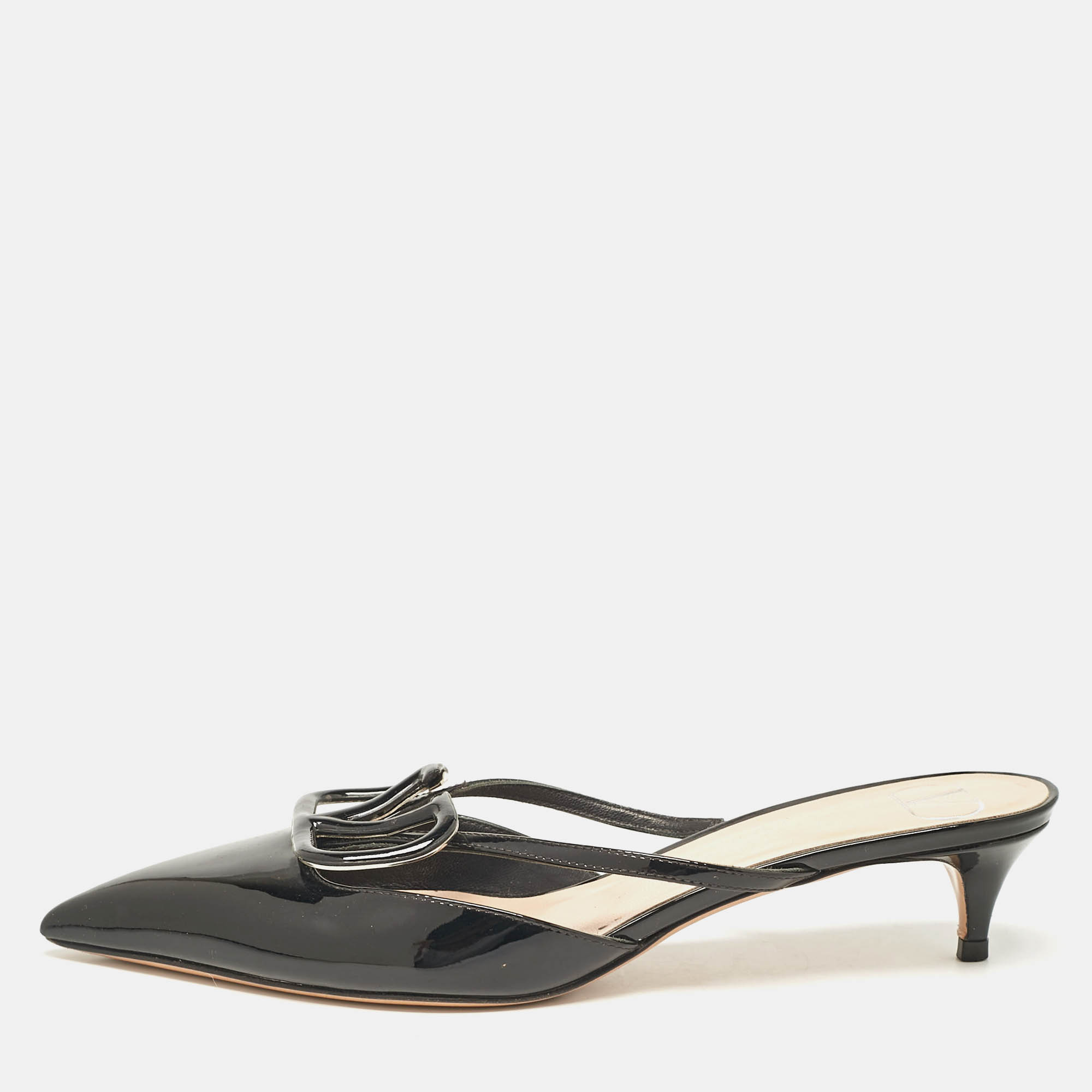 Pre Owned Valentino Black Patent Leather Escape V logo Pointed Toe Mules Size 36