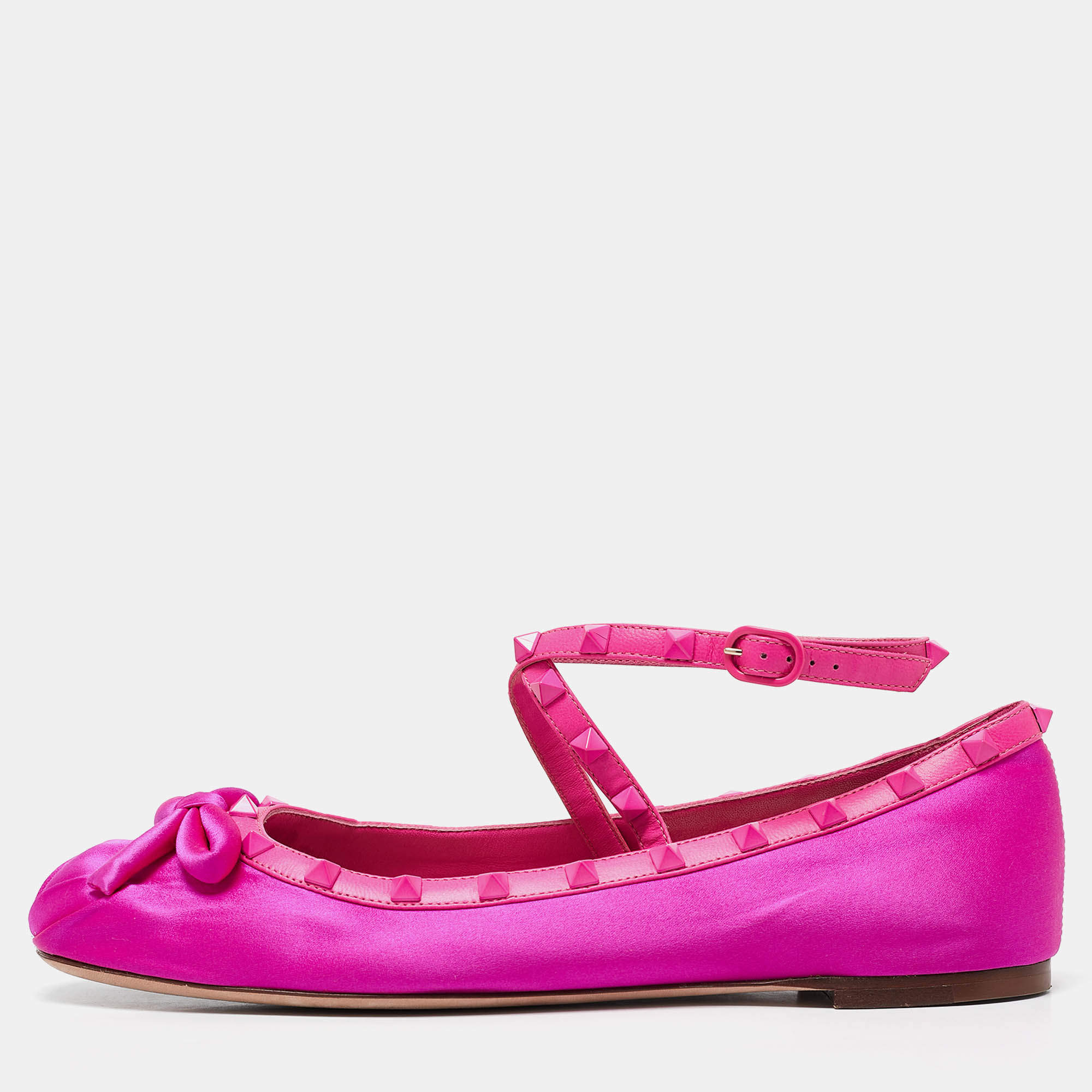 Pre Owned Valentino Pink Satin and Leather Rockstud Ankle Strap Ballet Flats Size 42