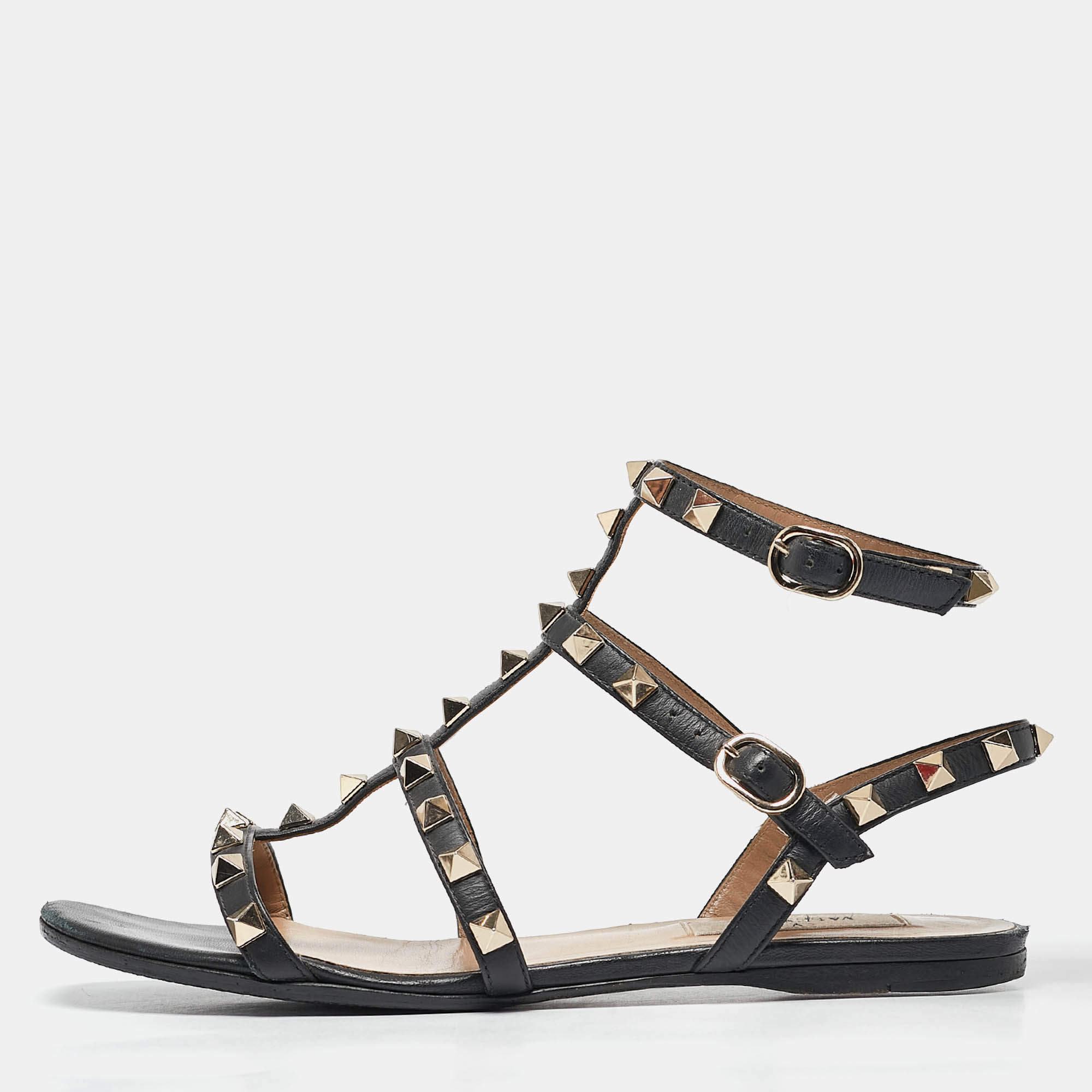 Pre Owned Valentino Black Leather Rockstud Flat Sandals Size 36