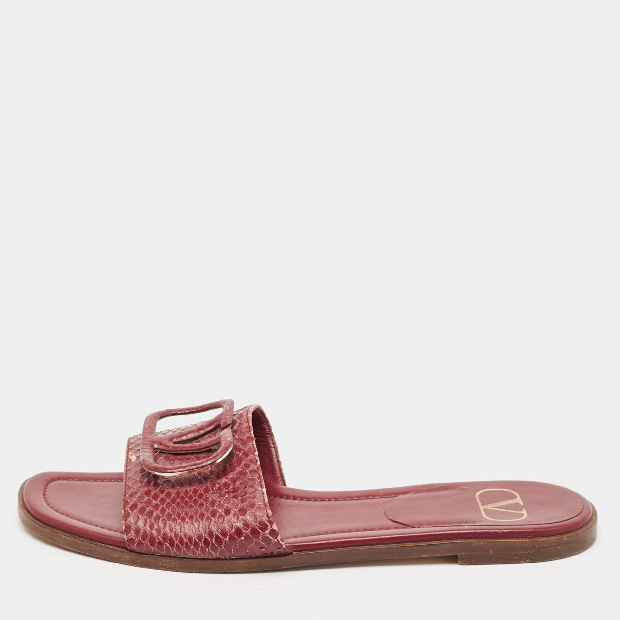 Valentino Burgundy Python Leather Escape V logo Flat Slides Size 38