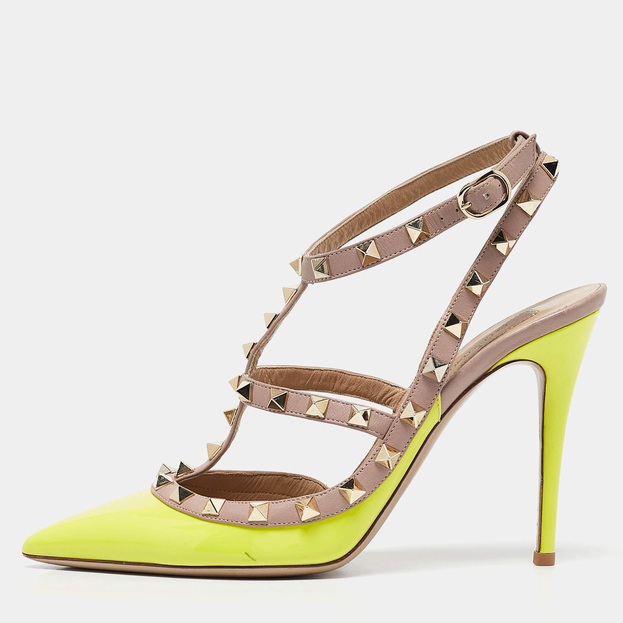 Pre Owned Valentino Green/Beige Patent and Leather Caged Rockstud  Ankle Strap Pumps Size 39