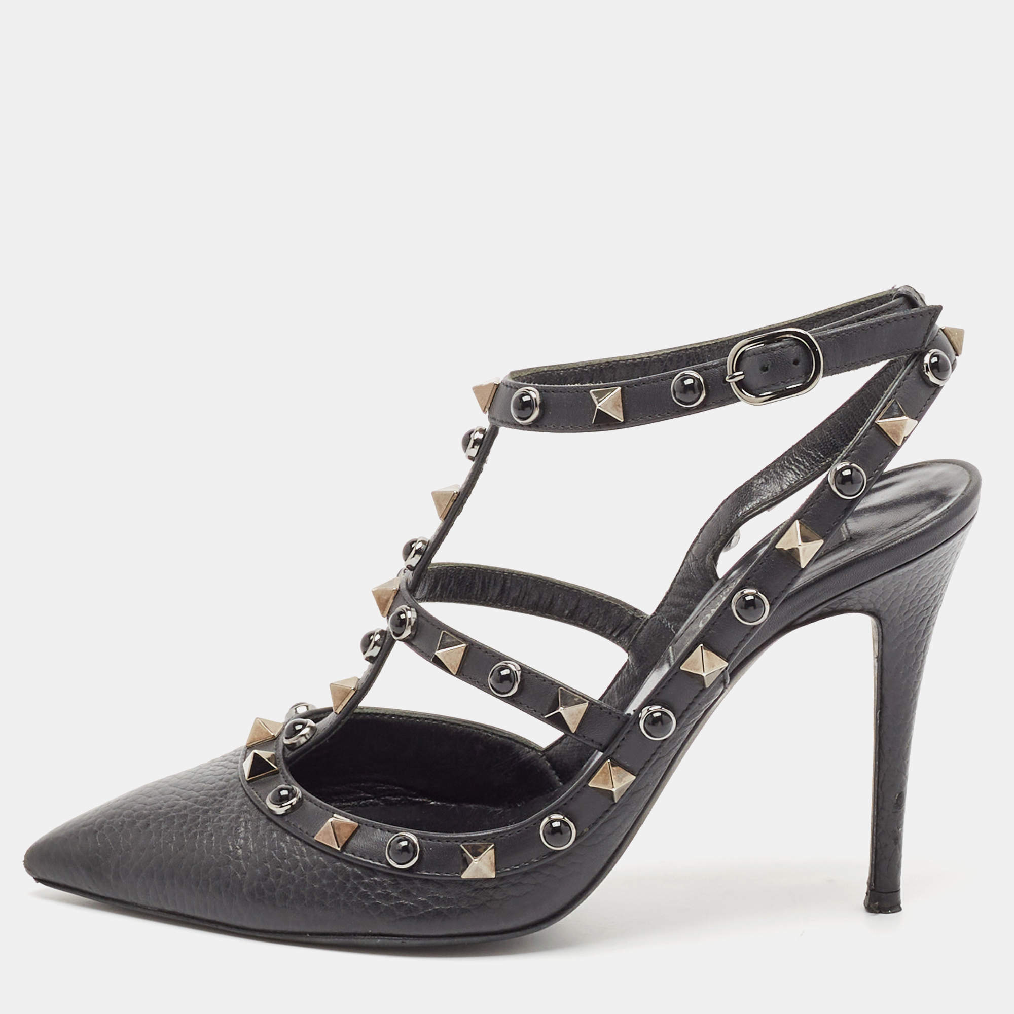Pre Owned Valentino Black Leather Rockstud Ankle Strap Pumps Size 36